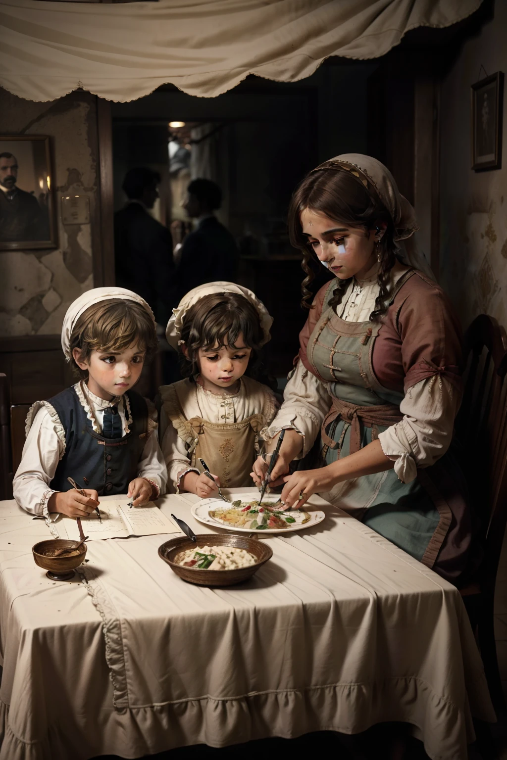 There are three  sitting at a table writing on paper,em 1887, an Italian family gathers to cebrar the supper of NAtal, foto realista detalhada, cinematic, Colors of the Season