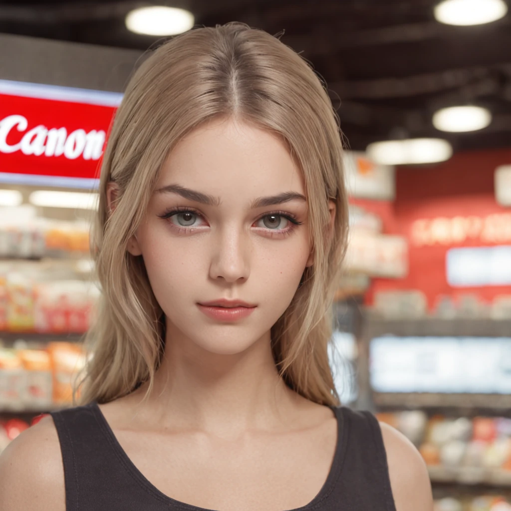 A 20 year old italian girl, blonde tied up hair, gray eyes, and a perfect ovale face, rendered in a photorealistic style with sharp edges and a vibrant atmosphere, standing inside a convenience store with a top tank shirt, front view, cute posing, big lips,