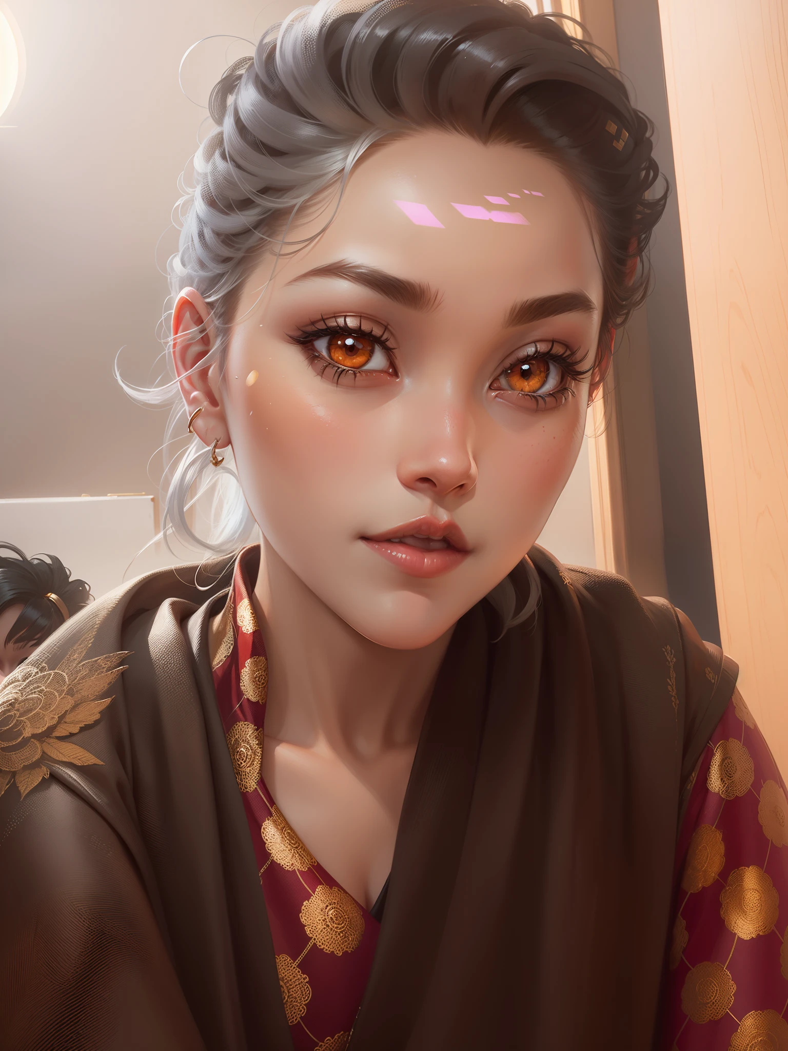 commercial fantasy painting in art gallery, in the style of detailed character illustrations, light silver and amber, hyperrealistic illustrations, charming character illustrations, light gold and red, detailed character expressions, zbrush --ar 3:4 --style raw