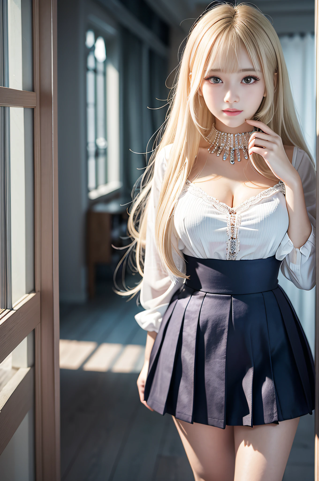 top-quality、masterpiece、超A high resolution、(Photorealsitic:1.4)、Raw foto、1 girl in、a blond、full body Esbian、large full breasts、Ultra exposed cleavage、erotick、Erotic look、gargantilha、二重まぶた、Loose and fluffy perm、semi long hair、student clothes