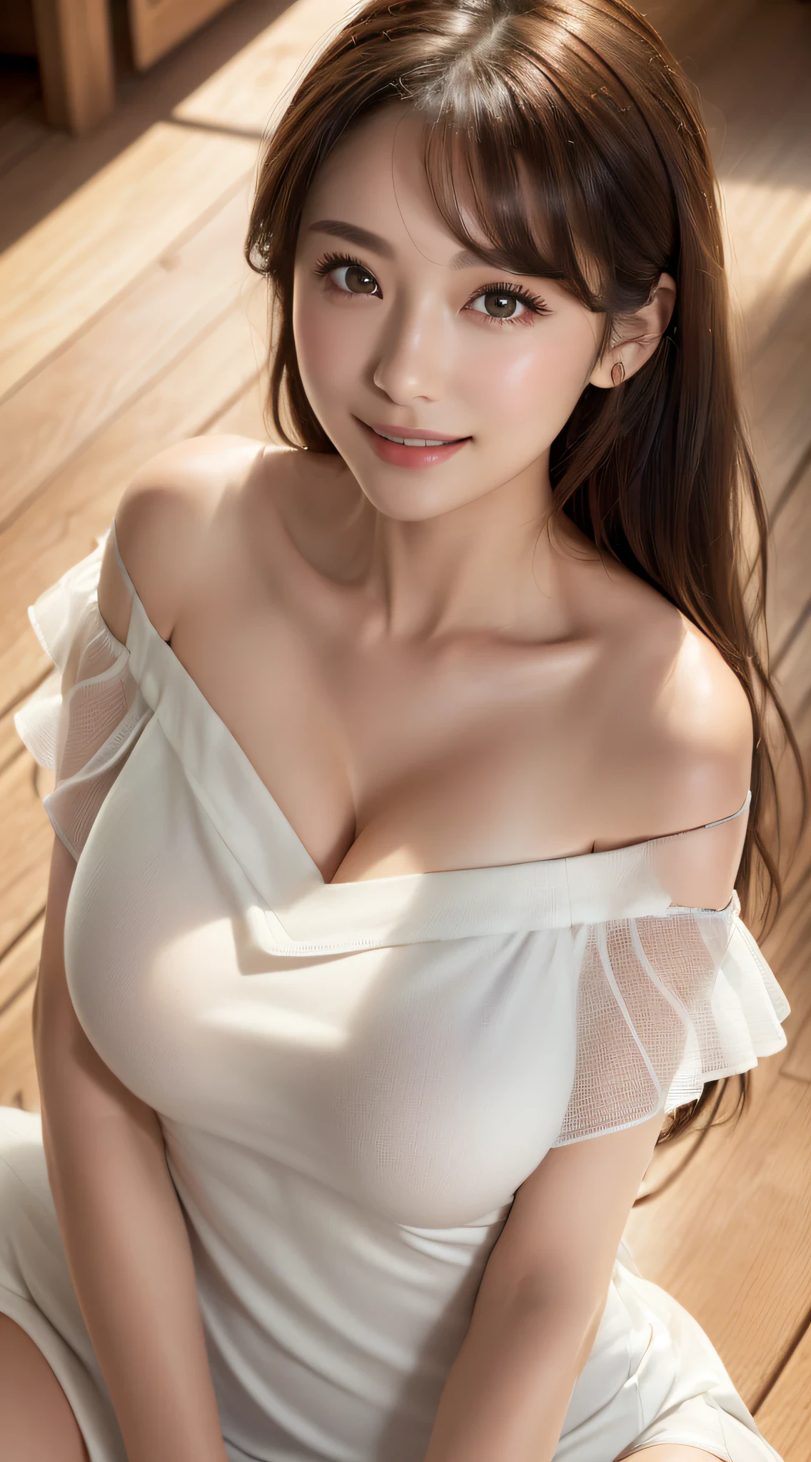 masutepiece, Best Quality, Photorealsitic, finely detail, hight resolution, 8K Wallpapers, Perfect dynamic composition, Beautiful detailed eyes, Medium Hair, large full breasts, Random and sexy poses,Bring your chest together、(See-through white blouse)、Cleavage looks realistic)、(Breast bulge 1.2)、A smile、open open mouth、Resort scenery、25-years old、(Drooping eyes 1.4)、Adult beauty、japanes