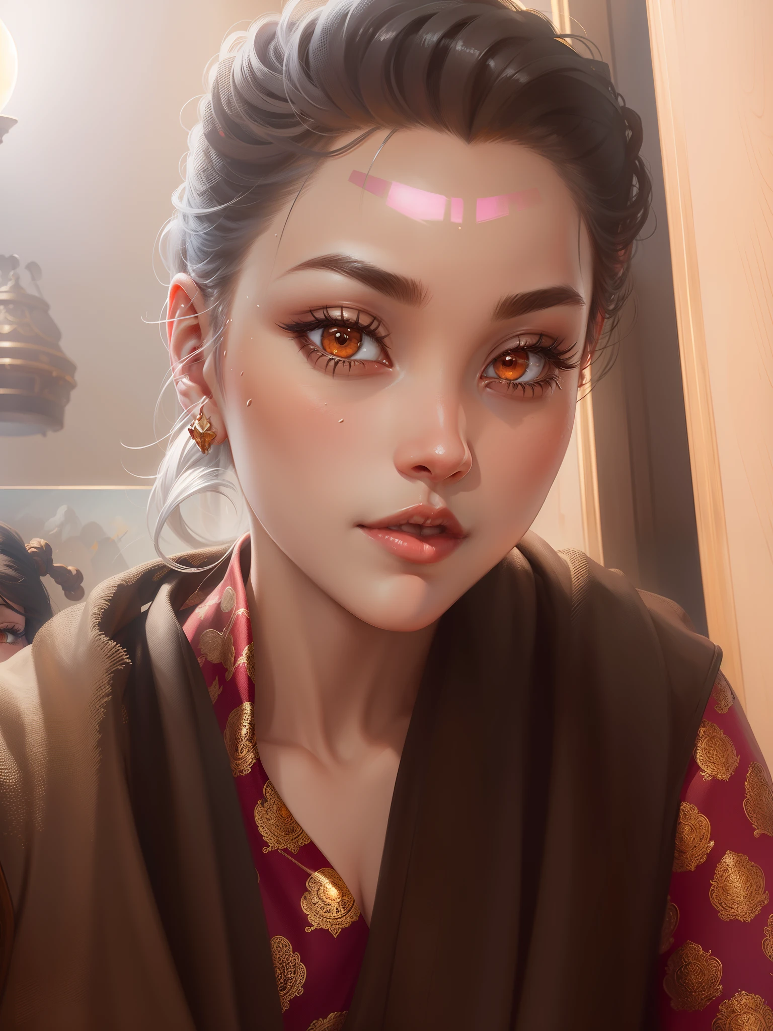 commercial fantasy painting in art gallery, in the style of detailed character illustrations, light silver and amber, hyperrealistic illustrations, charming character illustrations, light gold and red, detailed character expressions, zbrush --ar 3:4 --style raw