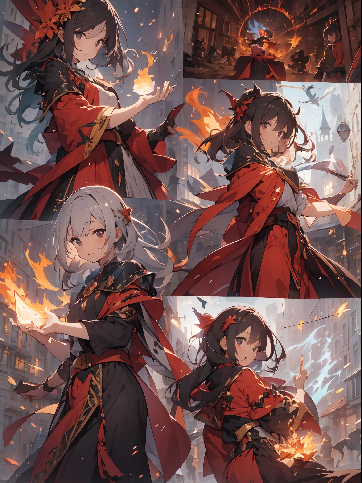 flame magic，Red magic，magical staff，borgar，ashes，spark of light，Flames came out of the hands，sorceress woman，The Witch，Kizi，Solo,long whitr hair，Open-mouthed，actionpose，Dexterous posture，Dynamic hair，tmasterpiece，high qulity，depth of fields，Storytelling images，