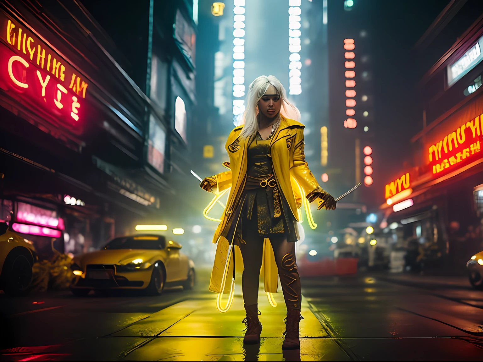 (full body:1.3) photo of crazy malay woman (psycho girl:1.5) (fighting action pose:1.5) wearing (yellow leather:1.3), (bloody:1.2), (white hair:1.2) sexy, big eyes, brown eyes, urban futuristic look, (neon lights:1.3), night, fast motion, reflections, intricate detail, nostalgia, high boots, by Ed Binkley, Atey Ghailan, by Jeremy Mann, Gregory Manchess, Antonio Moro, trending on ArtStation, trending on CGSociety, Intricate, High Detail, Sharp focus, dramatic, photograph by greg rutkowski