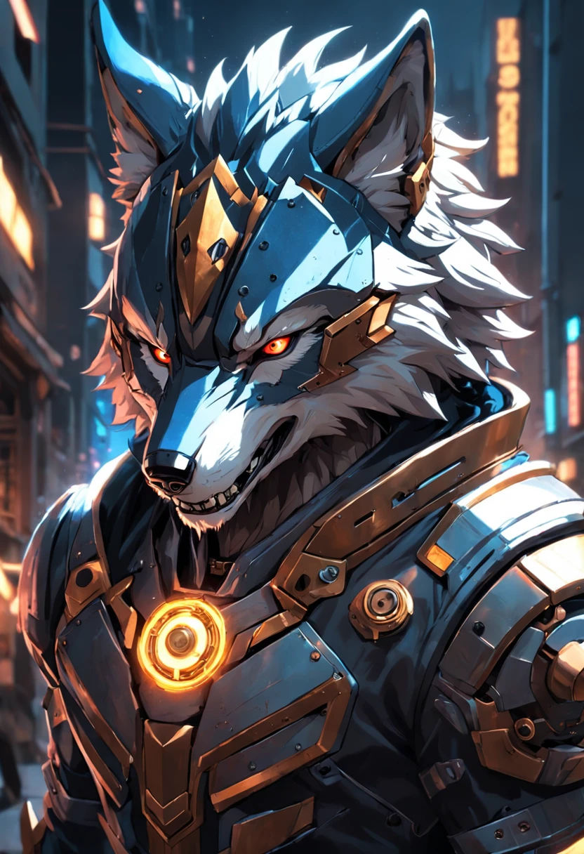 maximum quality, dramatic lighting, menacing pose, fierce expression, epic atmosphere, (((wolf head shaped helmet))), (((tiro de corpo inteiro))),um lobo feito de metal, ciborgue, estilo cyberpunk, mechnical, ((detalhes intrincados)), HDR, ((detalhes intrincados, hiperdetalhado)), incandescent bulbs, Cinematic Shot, vinheta, bokeh efeito beckground, (Caninos), (tiro de corpo inteiro).