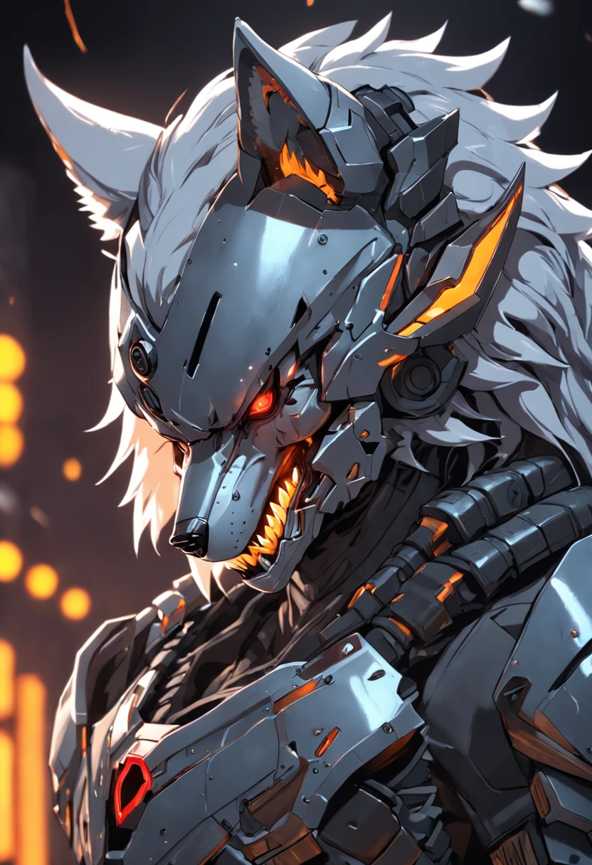 maximum quality, dramatic lighting, menacing pose, fierce expression, epic atmosphere, (((wolf head shaped helmet))), (((tiro de corpo inteiro))),um lobo feito de metal, ciborgue, estilo cyberpunk, mechnical, ((detalhes intrincados)), HDR, ((detalhes intrincados, hiperdetalhado)), incandescent bulbs, Cinematic Shot, vinheta, bokeh efeito beckground, (Caninos), (tiro de corpo inteiro).