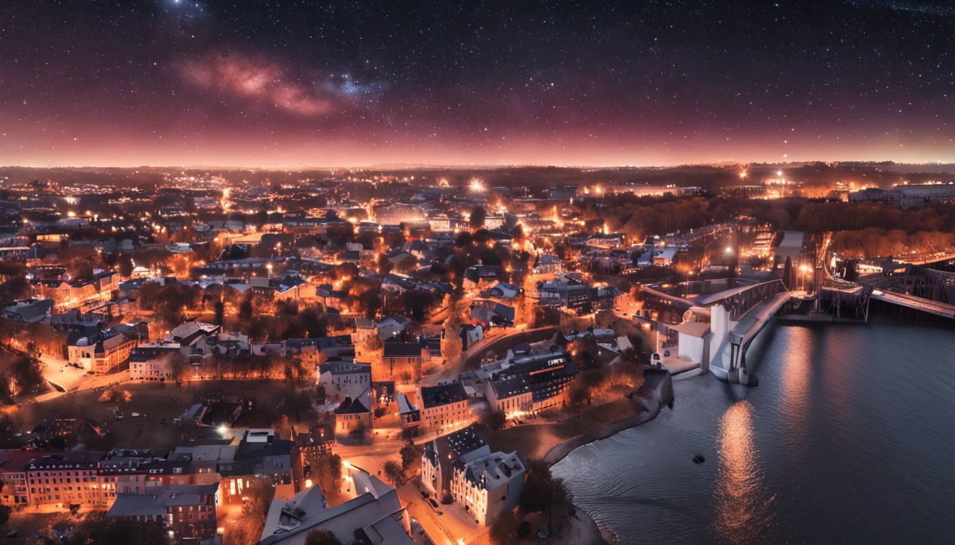 ((cidade de Estocolmo)) Sweden, cinematic lighthing, ((noite com luar e estrelas)), cores low key, melhor qualidade, Ultra Resolution, hiper realismo, drone view, nitidez