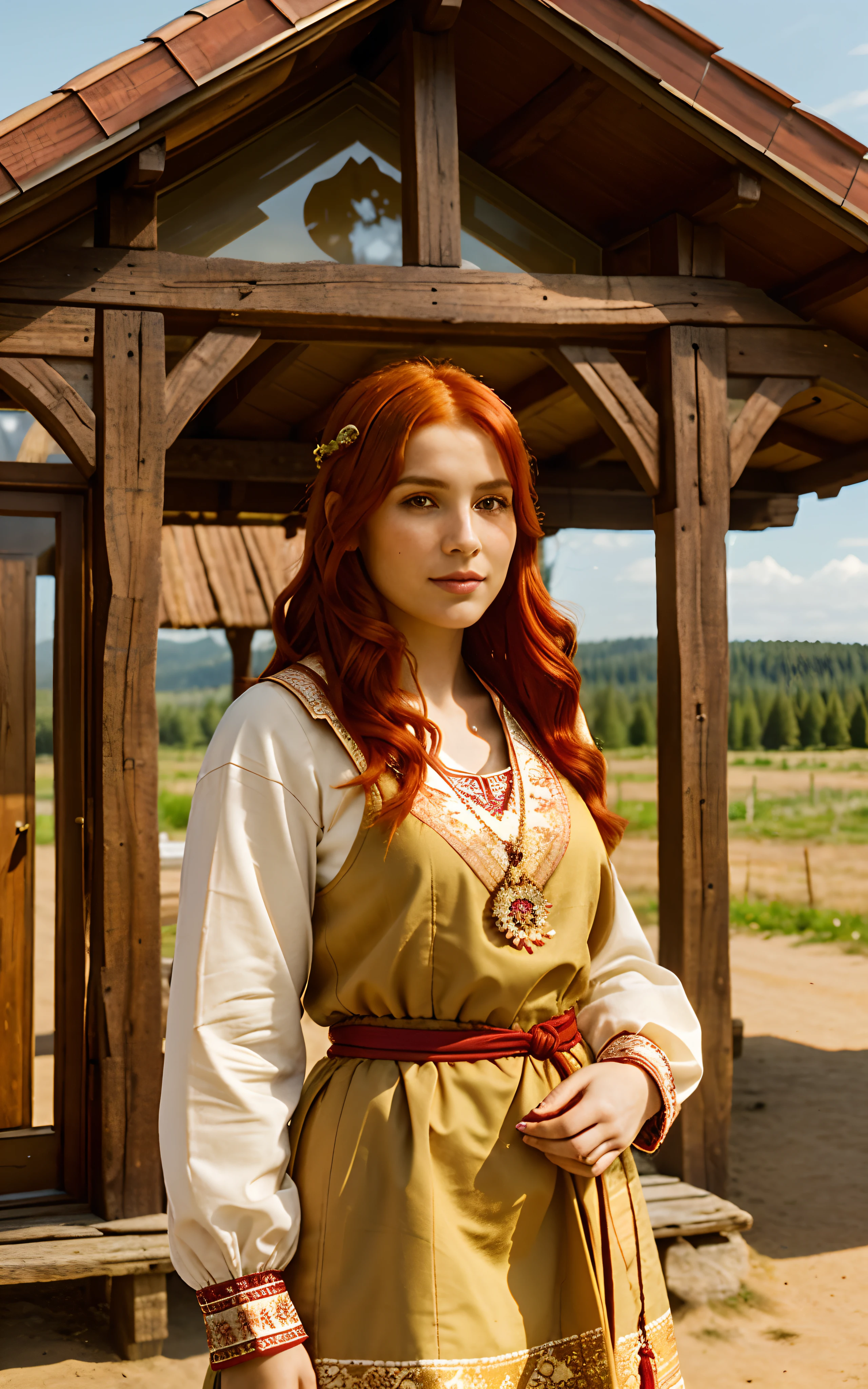 woman, (red hair:1.4), brown eyes, Polish ethnicity, (ethnic clothing:1.3), (ethnic jewelry:1.2), (traditional attire), (warm clothing:1.2), in front of a cabin, in the middle of plains, (sunny day), (golden hour), peaceful surroundings, (vast landscape:1.2), calm atmosphere, (serene mood), authentic representation, (cultural heritage), (nostalgic charm), (detailed textures), realistic lighting, high quality, (soft shadows), (rich colors), (natural hues), (soft focus), (subtle depth of field), (captivating composition), (traditional architecture), (rustic details), (ethnic elements), (cultural significance), (warm tones).