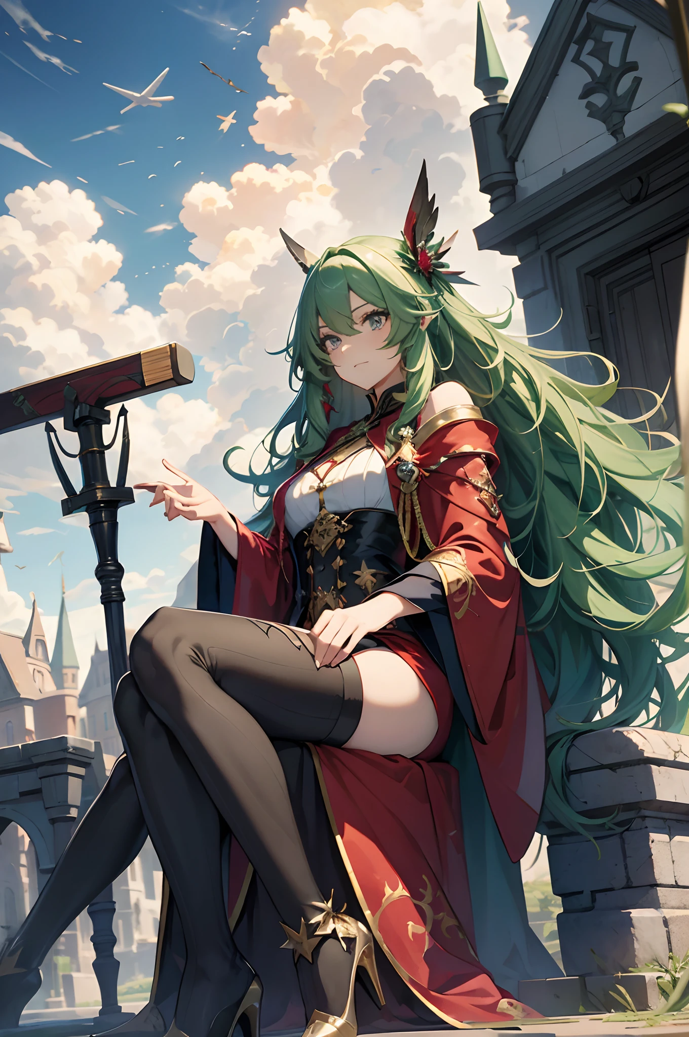 best qualityer,tmasterpiece,Ultimate resolution,downy,Extremely colorful,Colorful,Skysky,hilltop,(Red magic robe long dress),Long flowing green hair,The Witch,a matural female,(red high heel pumps),Sit on a magical broom,flight,Normal posture
