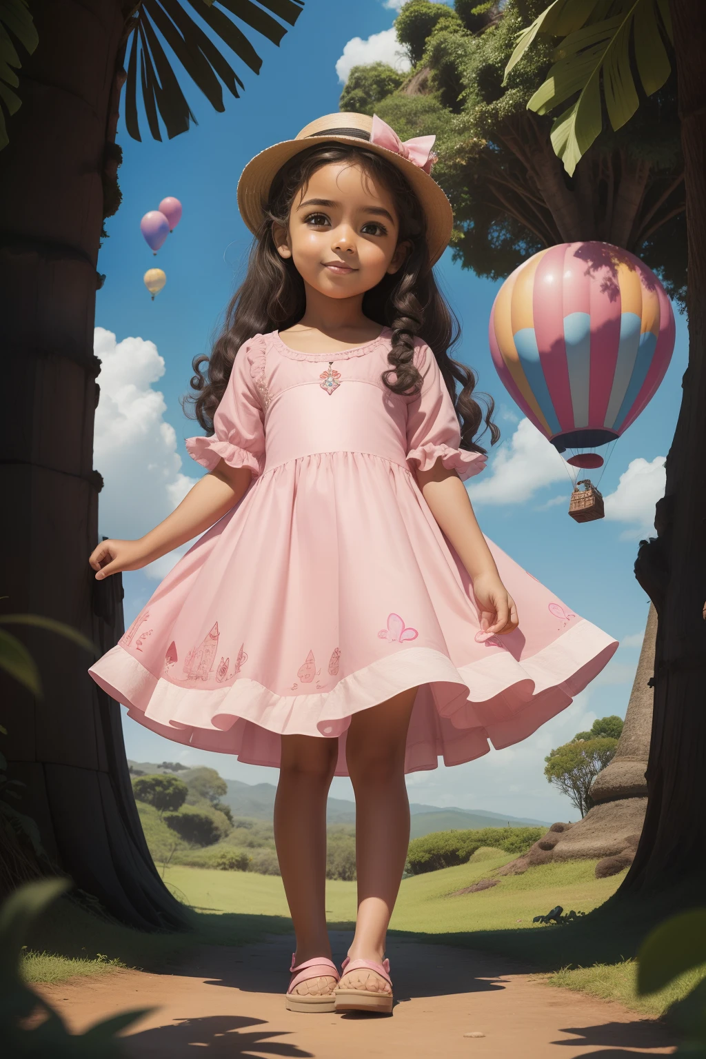 Menina dos desenhos animados, 6 anos de idade,  in pink dress standing, pele marrom oliva no reino das nuvens, magic, castelo, fadas, urso voador, magic balloon.