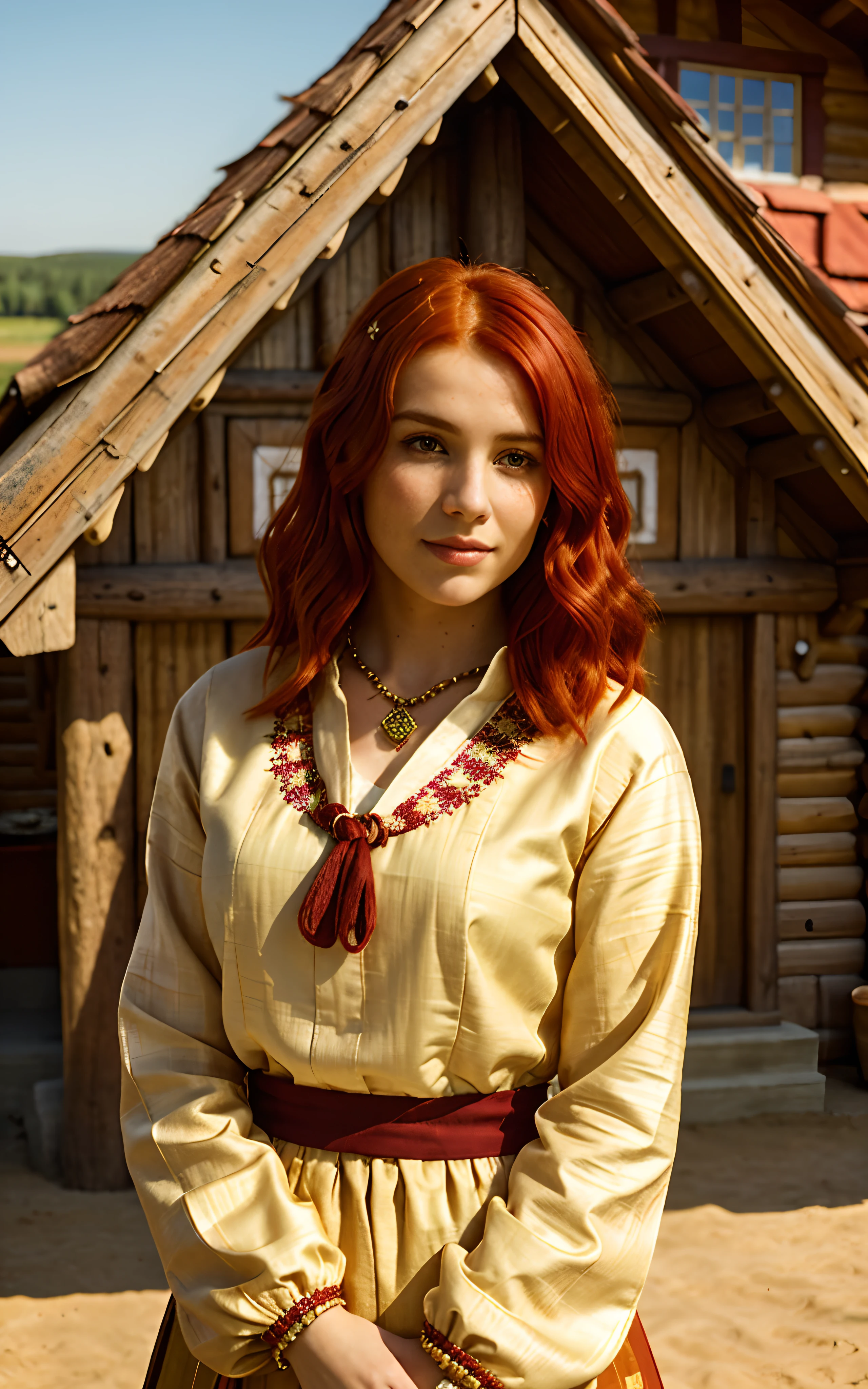 woman, (red hair:1.4), brown eyes, Polish ethnicity, (ethnic clothing:1.3), (ethnic jewelry:1.2), (traditional attire), (warm clothing:1.2), in front of a cabin, in the middle of plains, (sunny day), (golden hour), peaceful surroundings, (vast landscape:1.2), calm atmosphere, (serene mood), authentic representation, (cultural heritage), (nostalgic charm), (detailed textures), realistic lighting, high quality, (soft shadows), (rich colors), (natural hues), (soft focus), (subtle depth of field), (captivating composition), (traditional architecture), (rustic details), (ethnic elements), (cultural significance), (warm tones).