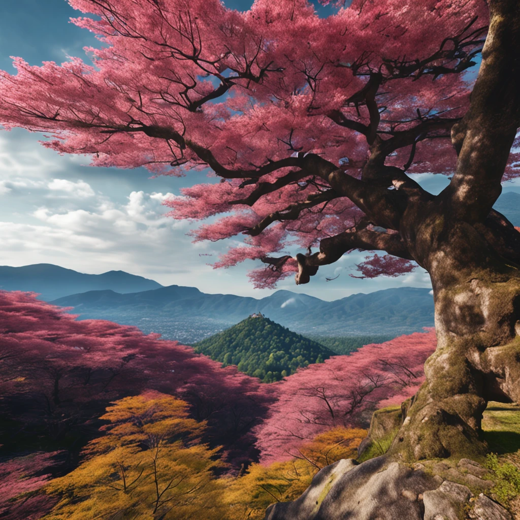 Classic view of ancient forest in Kyoto, Sakura blossoms, mountains scenery, Forest scenery, hyper real, cinematic composition, concept art, Trending on Artstation. --ar 16:9