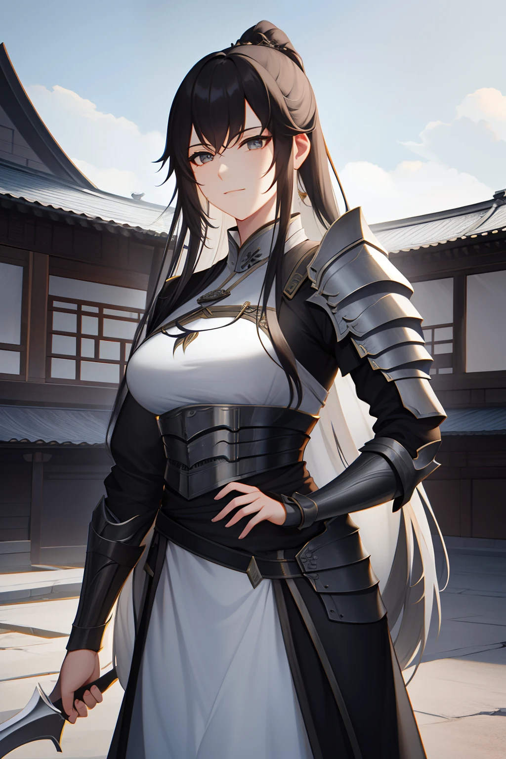 {high quality}, masterpiece, HD, grayscale, a knight warrior lady, ancient china, long hair, linen and leather armor, outdoors, architecture, village