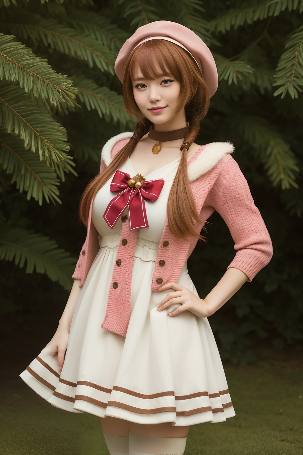 Realistic, masterpiece, best quality, anime, highly detailed face, highly detailed eyes, highly detailed background, perfect lighting, full body, cowboy shot, 1girl, solo, ayunda risu, squirrel girl, squirrel tail, squirrel ears, white dress, white thighhighs, fur trim, low twintails, red bow, beret, pink cardigan, leaf hair ornament, acorn, choker, brown footwear, medium breasts, standing, fullbody, city background, cosplayer