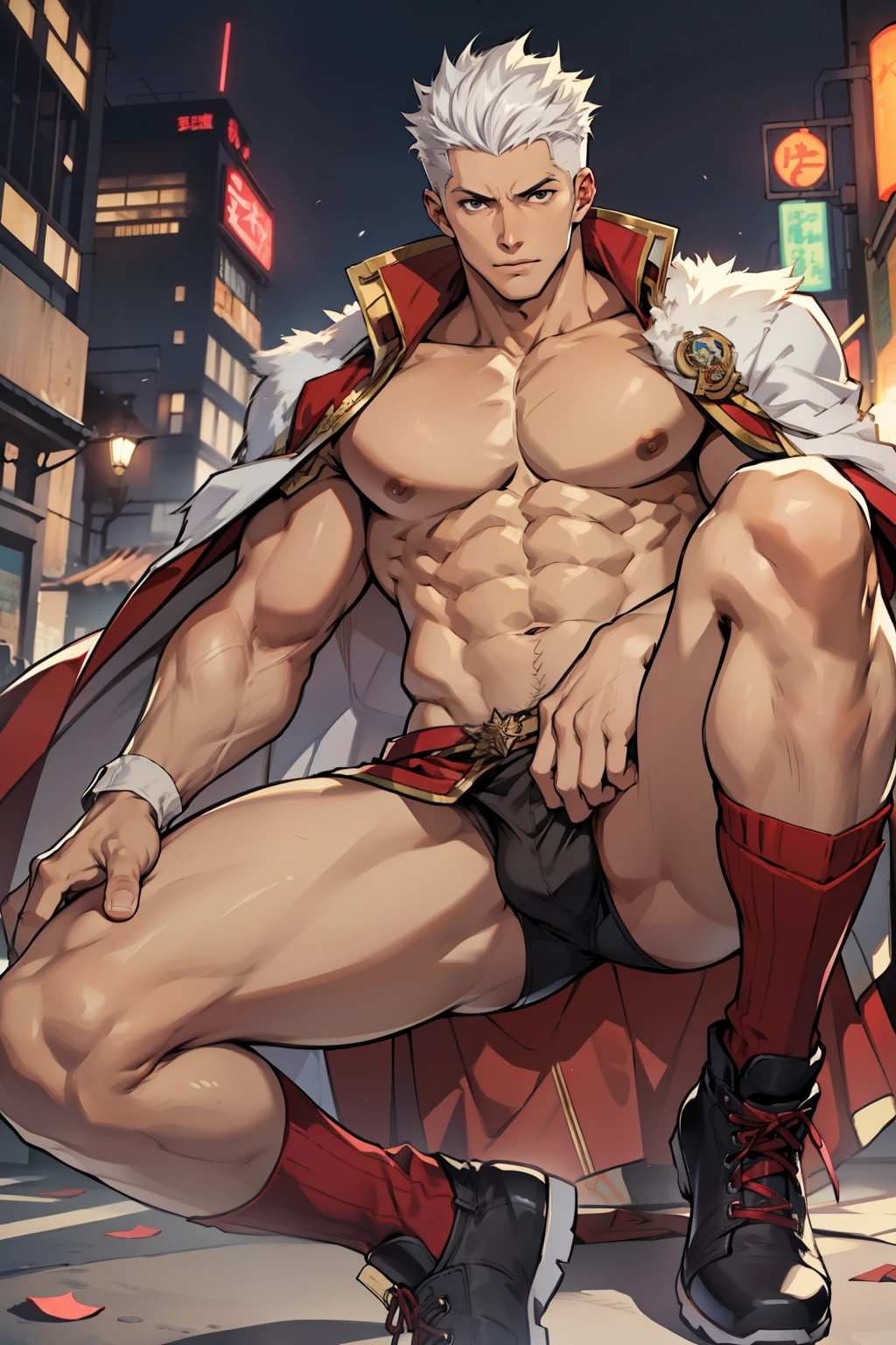 Highest image quality,male people,1 boy,Young and handsome,shoun,White color hair,Short flat top hair,Dark skin,anime big breast,anime wallpaper,Solo,malefocus,Briefs,Dilation of the pectoral muscles,Red cape,Bulging crotch,Urban background,spread their legs,Sexy,(Masterpiece, Best quality),Long white socks,Boots