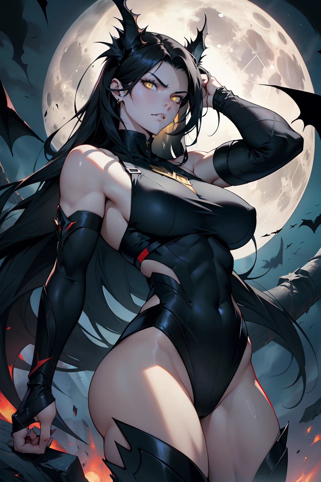 black hair, extremely long hair, yellow eyes, pale skin, muscular, large breasts, thick thighs, angry, black dragon, 1 girl, dark atmosphere, full moon