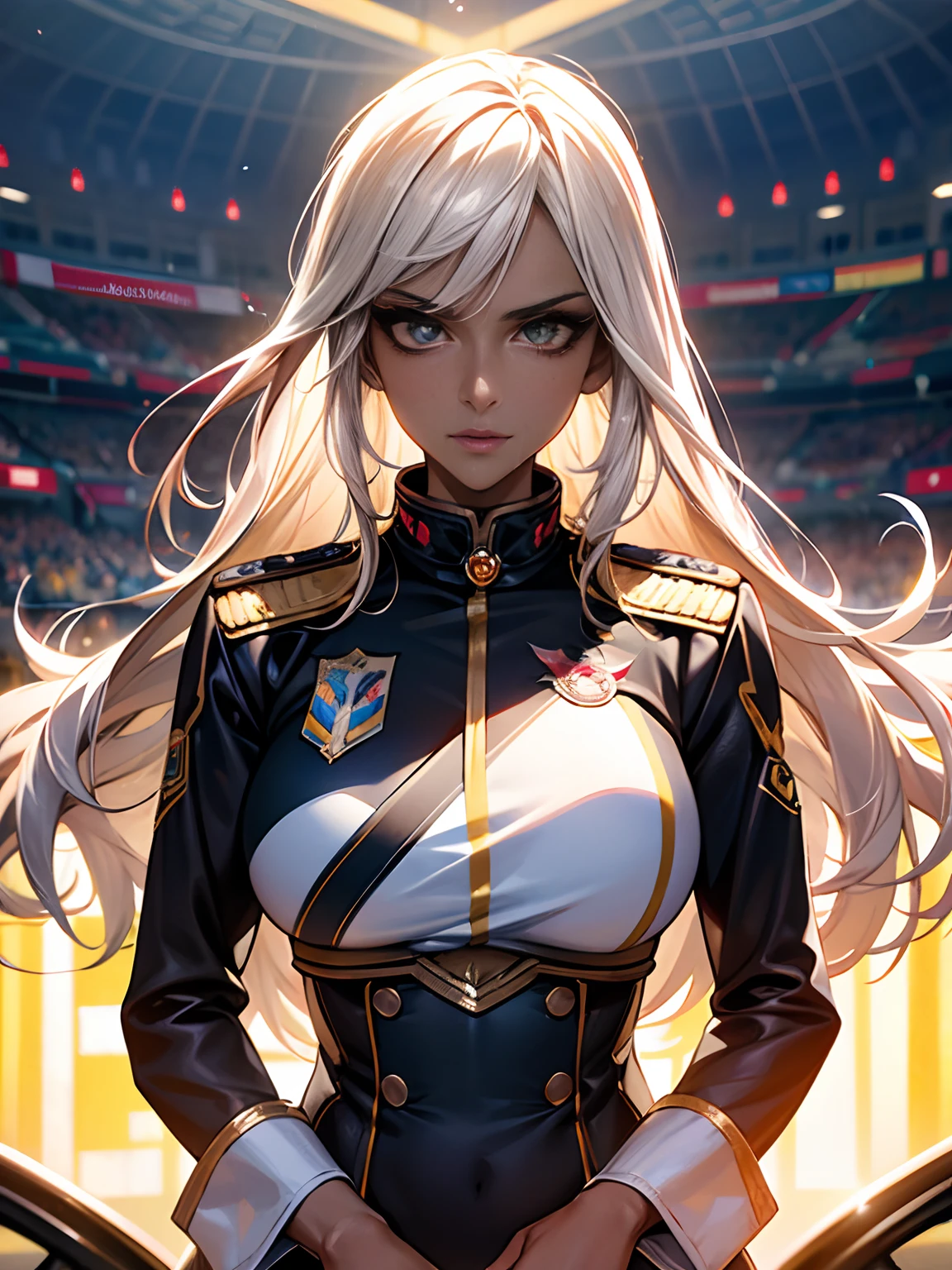 Unreal Engine 5 Realistic Rendering, cosplayer, Random Posing, Race Queen、Uniform with logo、 Exquisite beauty、Beautiful face, Body shape of slim model, Colossal tits, shiny, wet shiny body, short white hair, (((Dark brown skin beauty))), neons、Large crowds、audience、Forming an emperor、Drag racing、Midsommar Racing Circuit、racing car、Lower grade、Large crowds、Spectators、