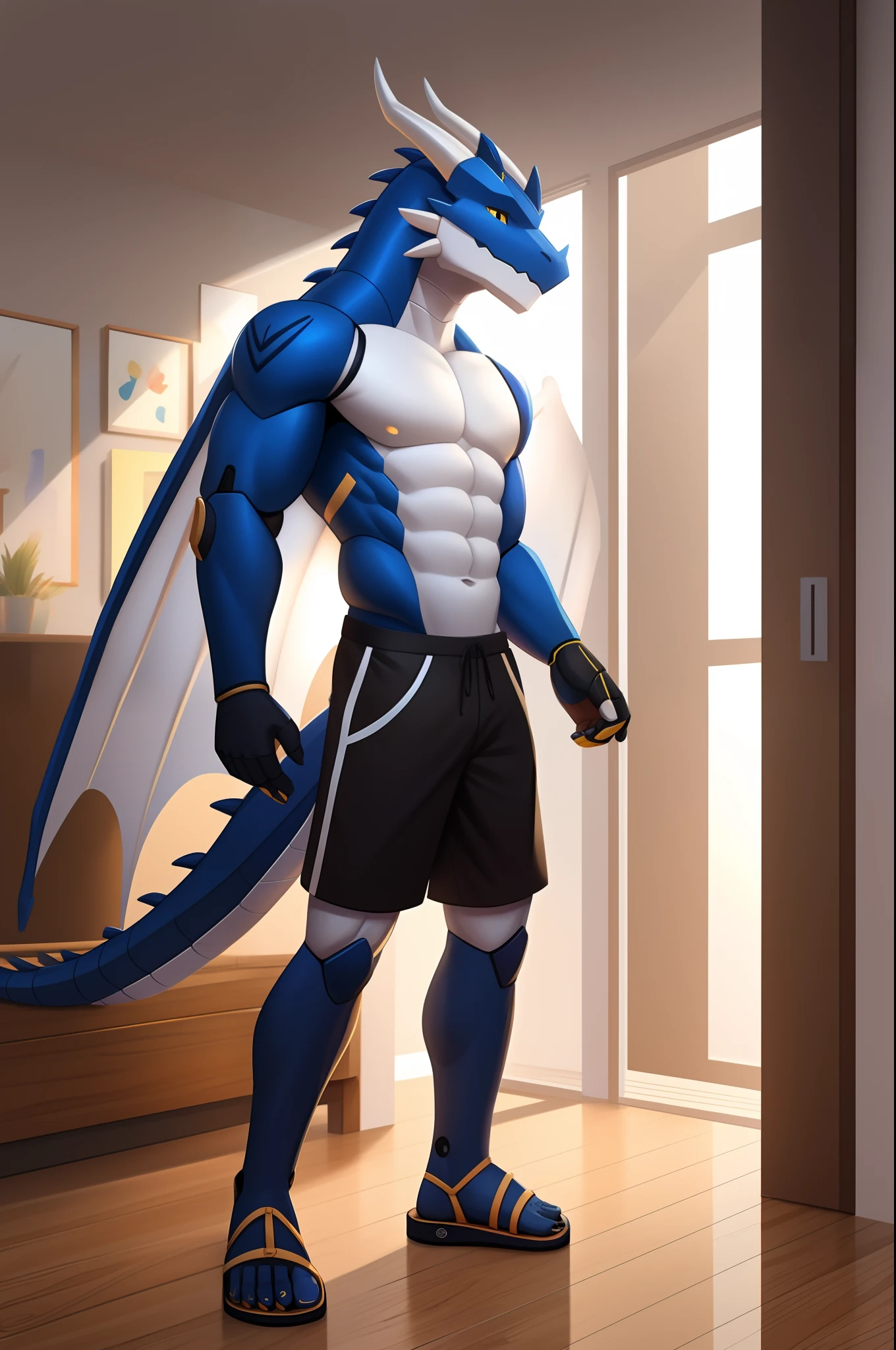 robo dragon，deep blacks，White belly，Blue back，White wings，yellow tanktop，Black  shorts，sandals，Standing on the wooden floor of the apartment。