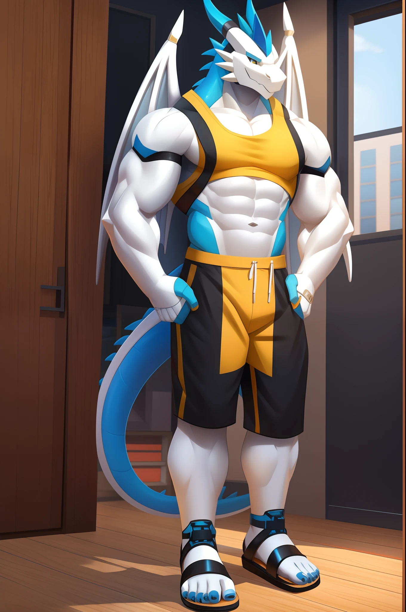 robo dragon,deep blacks,White belly,Blue back,White wings,yellow tanktop,Black shorts,sandals,Standing on the wooden floor of the apartment。