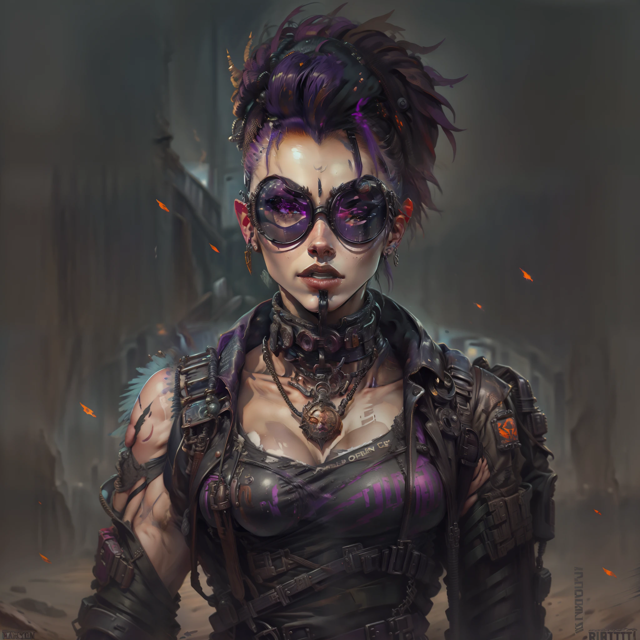 female with short shaved dark purple hair, wearing goggles, villain, wearing casual desert punk clothing, has lower lip stud piercings, muscular, abs visible, wearing metal collar, has muscled, wearing black lipstick, amazonian