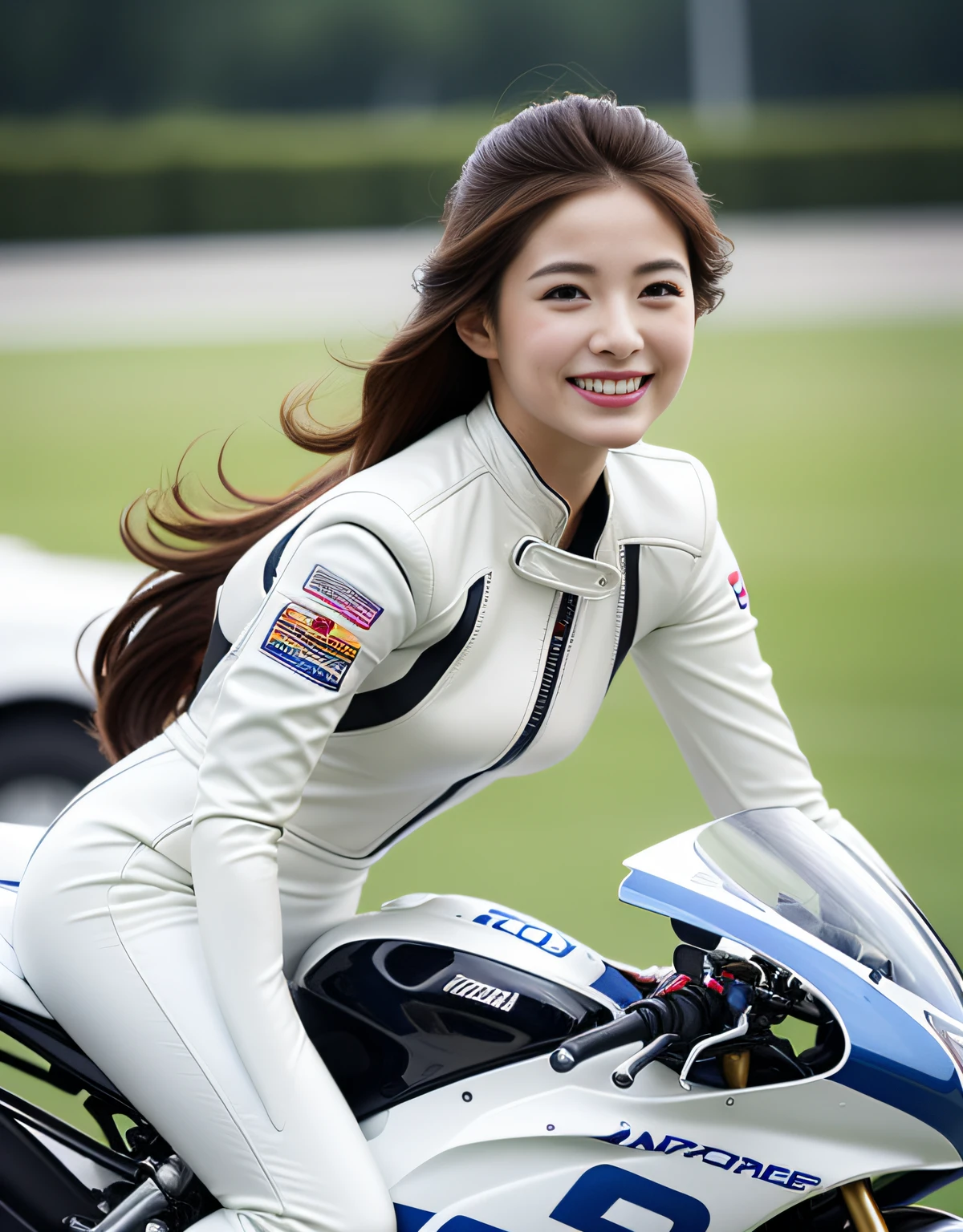 The highest image quality、Exceptional detail、超A high resolution、(Realstic:1.4)、high-detail、Favor the details、Highly condensed 1girl、Longhaire、delicate and beautiful face、Dressed in a white leather racing suit、Racing on a black motorcycle、The background is a race track、circuit、racer、Cool smile