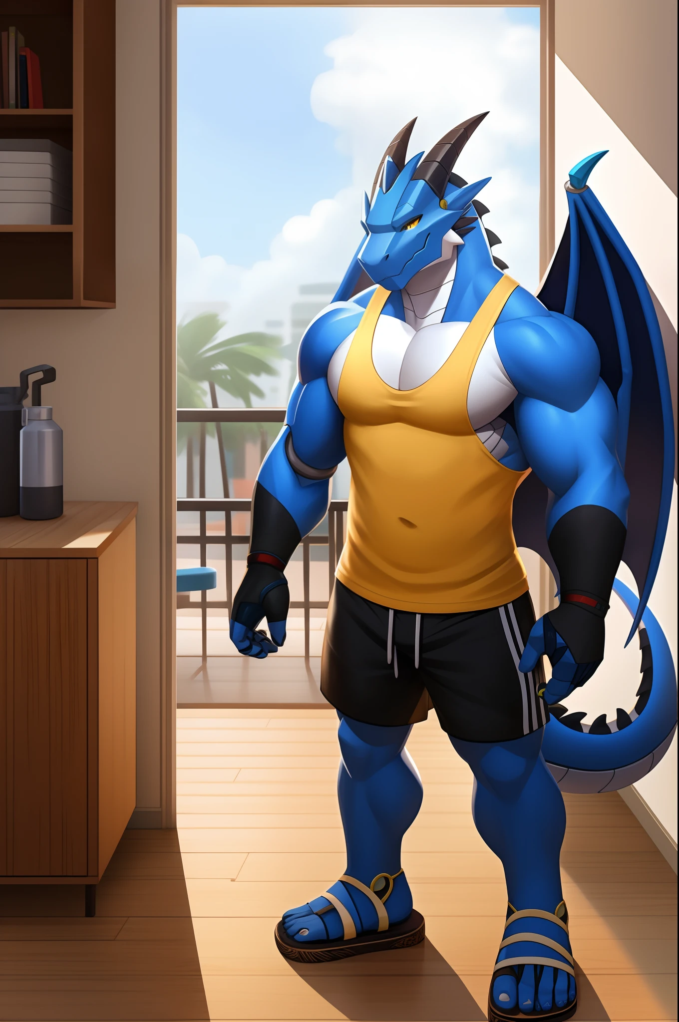 robo dragon，deep blacks，White belly，Blue back，White wings，yellow tanktop，Black  shorts，sandals，Standing on the wooden floor of the apartment。