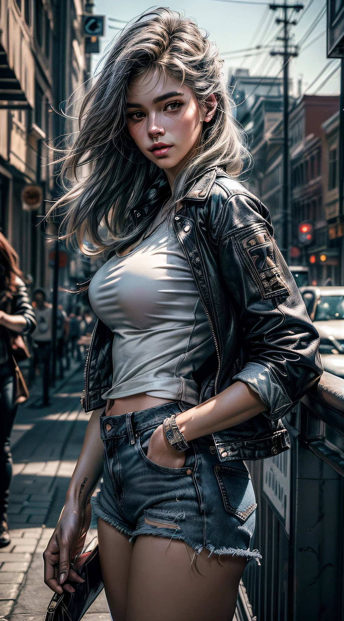 1 extremely beautiful girl, wearing denim shorts, white shirt, leather jacket and next to her an extremely detailed huge wild gray wolf.
(masterpiece: 1.5) (photorealistic: 1.1) (bokeh) (best quality) (detailed skin texture pores hair: 1.1) (intricate) (8k) (HDR) (wallpaper) (cinematic lighting) (sharp focus )