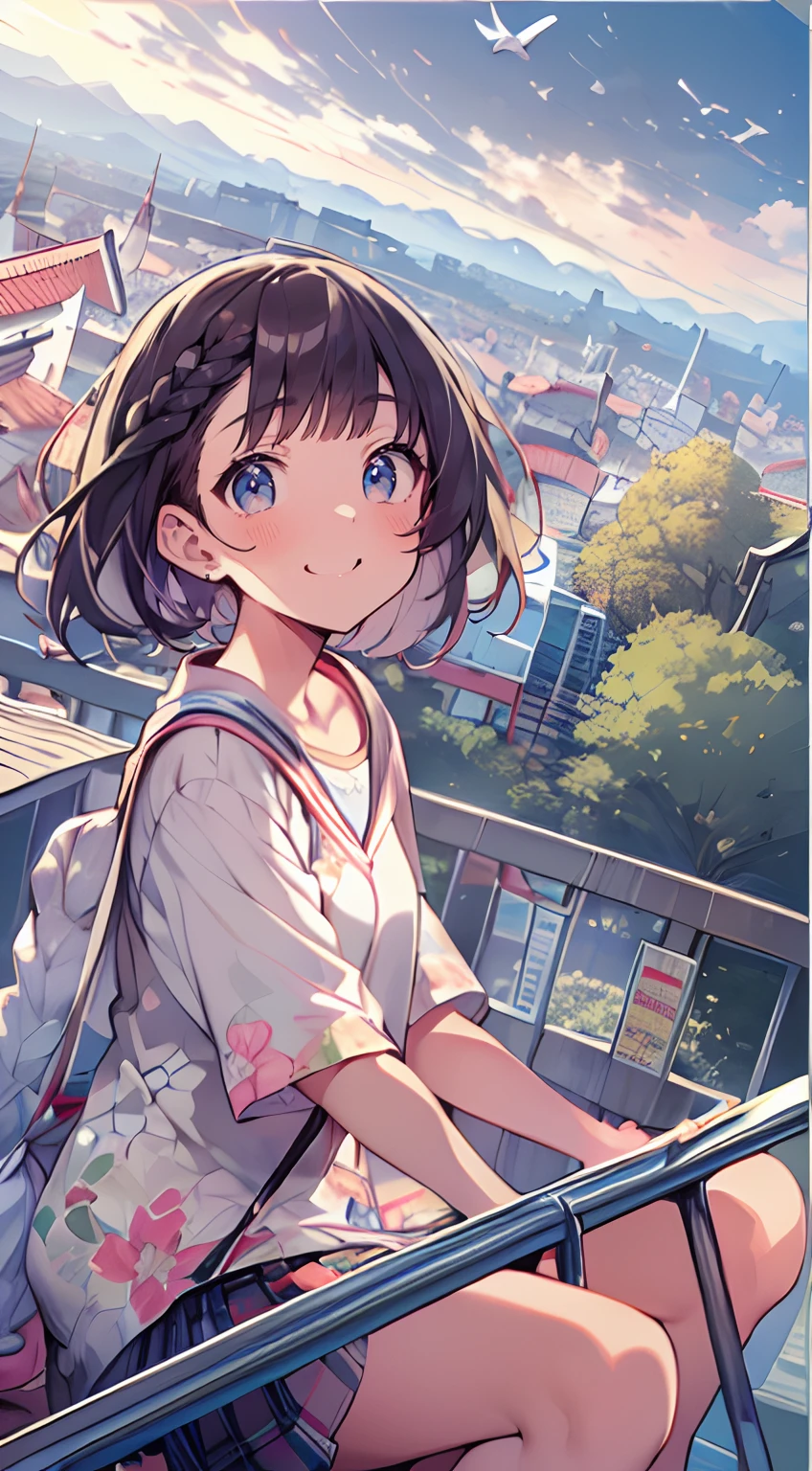 masutepiece, Best Quality,Illustration, Wallpaper, Ultra Detail, Absurd beauty, 1beautiful girl、(Medium short hair、short braided hair), Beautiful ultra-detailed eyes 、A refreshing smile、Smaller head、(a panoramic view:1.5)、On the way to school
