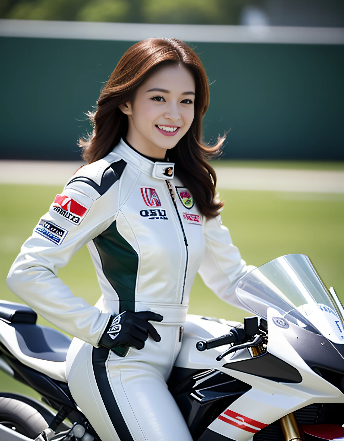 The highest image quality、Exceptional detail、超A high resolution、(Realstic:1.4)、high-detail、Favor the details、Highly condensed 1girl、Longhaire、delicate and beautiful face、Dressed in a white leather racing suit、Racing on a black motorcycle、The background is a race track、circuit、racer、Cool smile