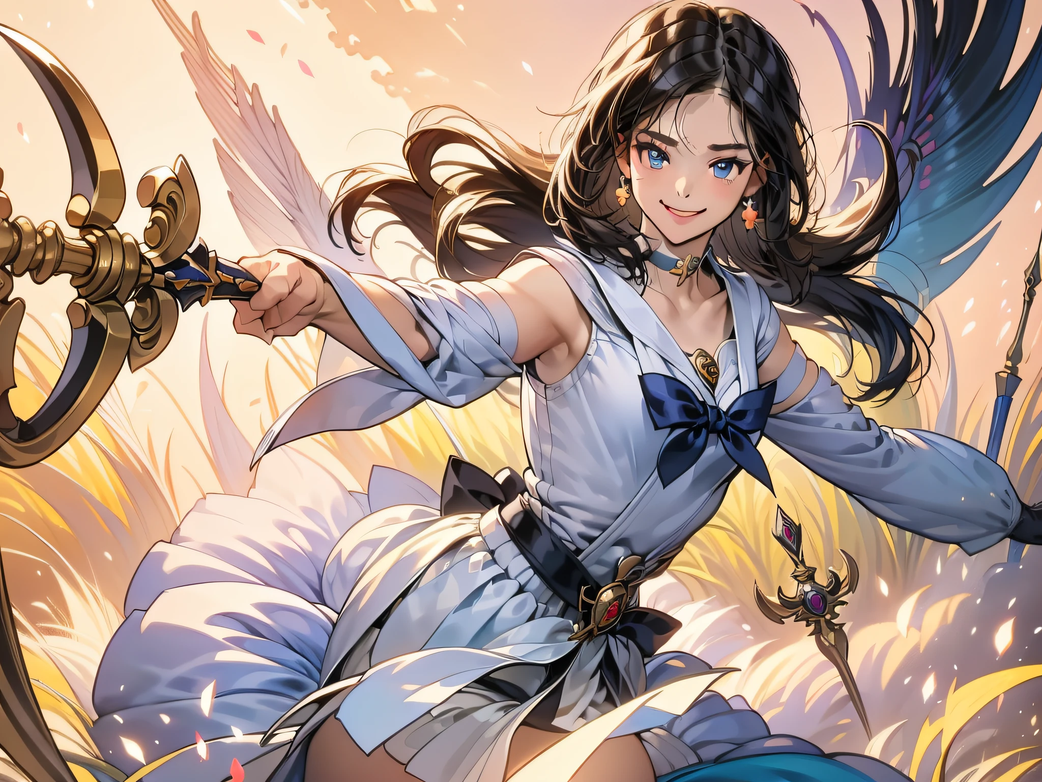 (masterpiece, best quality:1.2), solo, 1girl, sailor saturn, magical girl, smile, closed mouth, looking at viewer, holding weapon, polearm, tiara, sailor senshi uniform, pleated skirt, elbow gloves, jewelry, brooch, choker