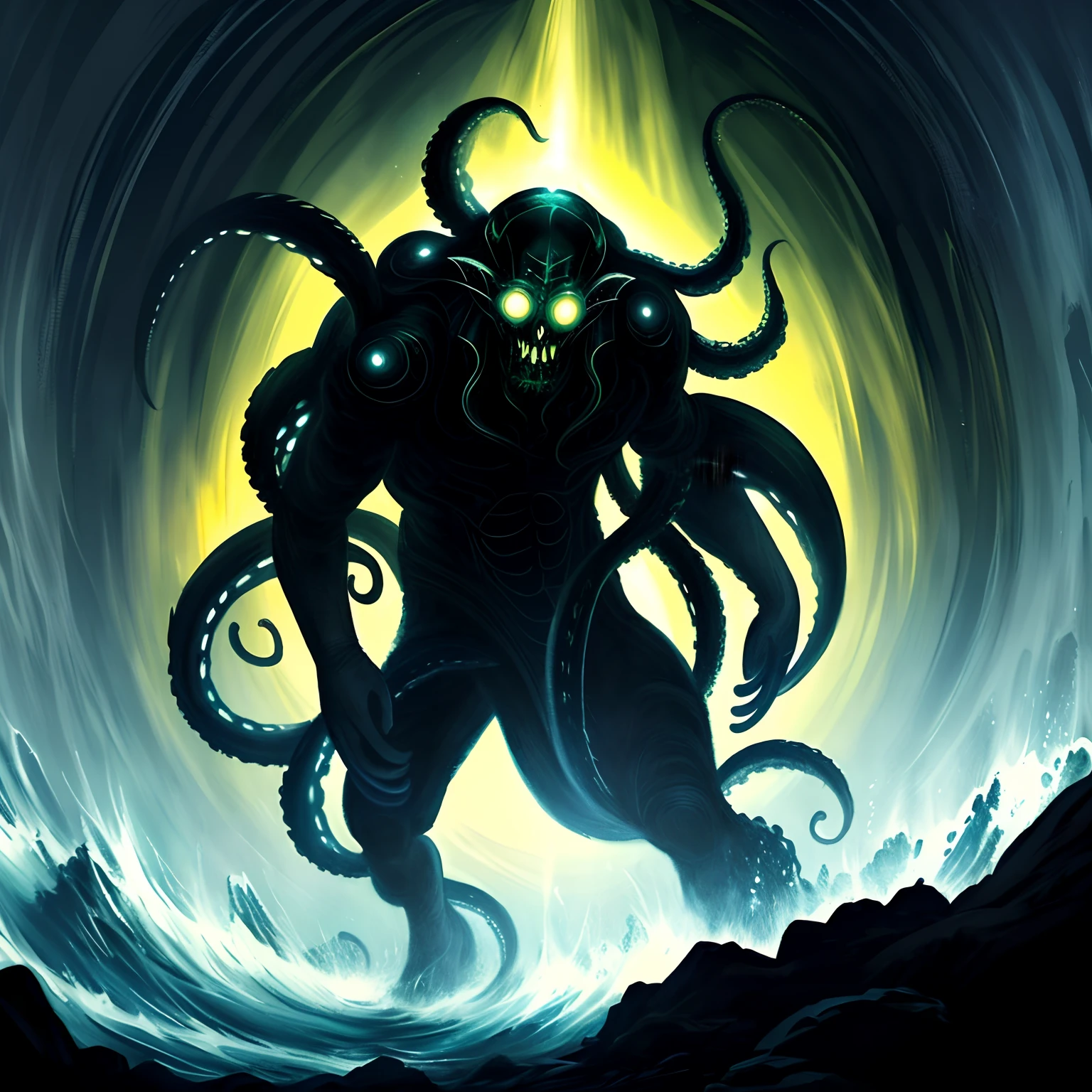 A painting shows a man struggling in the dark,Wriggle towards where there is God's light,Behind him is unknown in the darkness,Tentacles with mucus(Tentacles of destiny)Attack him,His expression was terrified。