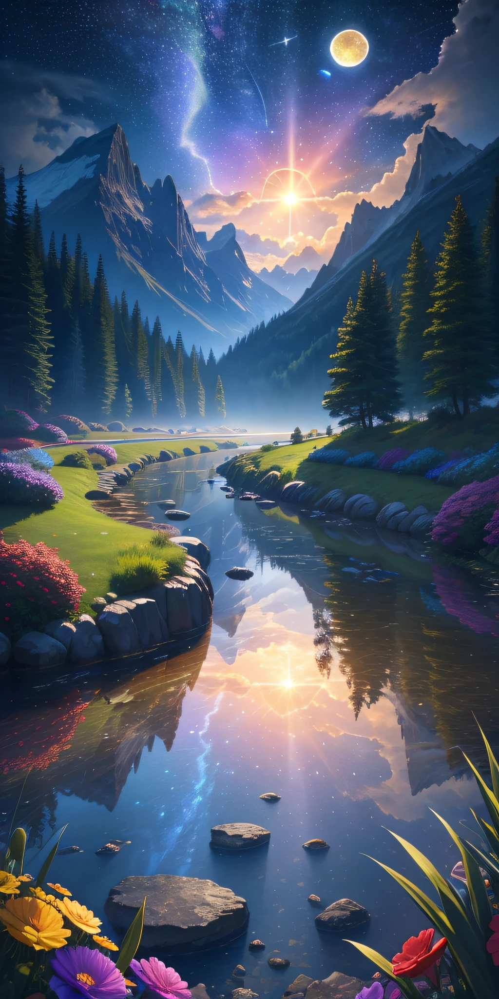 Masterpiece, 8k wallpapers, extremely detailed, best quality, high quality, landscapes. ((Colorful sky)), clouds, (((Full moon, nebula and background stars))), (high mountains), Panorama, , Detail enhancement, Detail enhancement, Flawless. Award-winning photography, Depth of field, HDR, Photorealism, Highly detailed, Intricate, High detail, Dramatic, ((color image)), ((single image)), night, realistic, ((vivid colors)), ((light rays, rays)), mini river, image reflecting in water,
