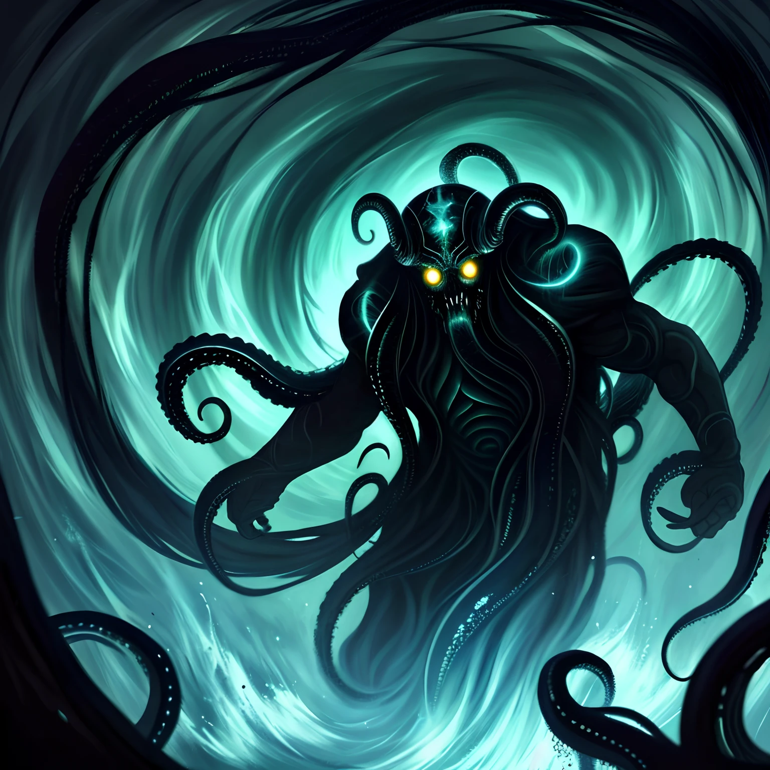 A painting shows a man struggling in the dark,Wriggle towards where there is God's light,Behind him is unknown in the darkness,Tentacles with mucus(Tentacles of destiny)Attack him,His expression was terrified。