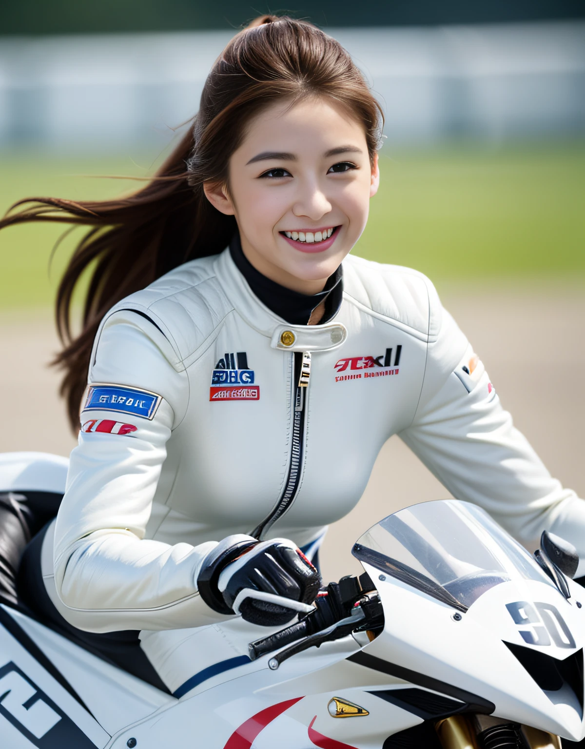 The highest image quality、Exceptional detail、超A high resolution、(Realstic:1.4)、high-detail、Favor the details、Highly condensed 1girl、Longhaire、delicate and beautiful face、Dressed in a white leather racing suit、Racing on a black motorcycle、The background is a race track、circuit、racer、Cool smile