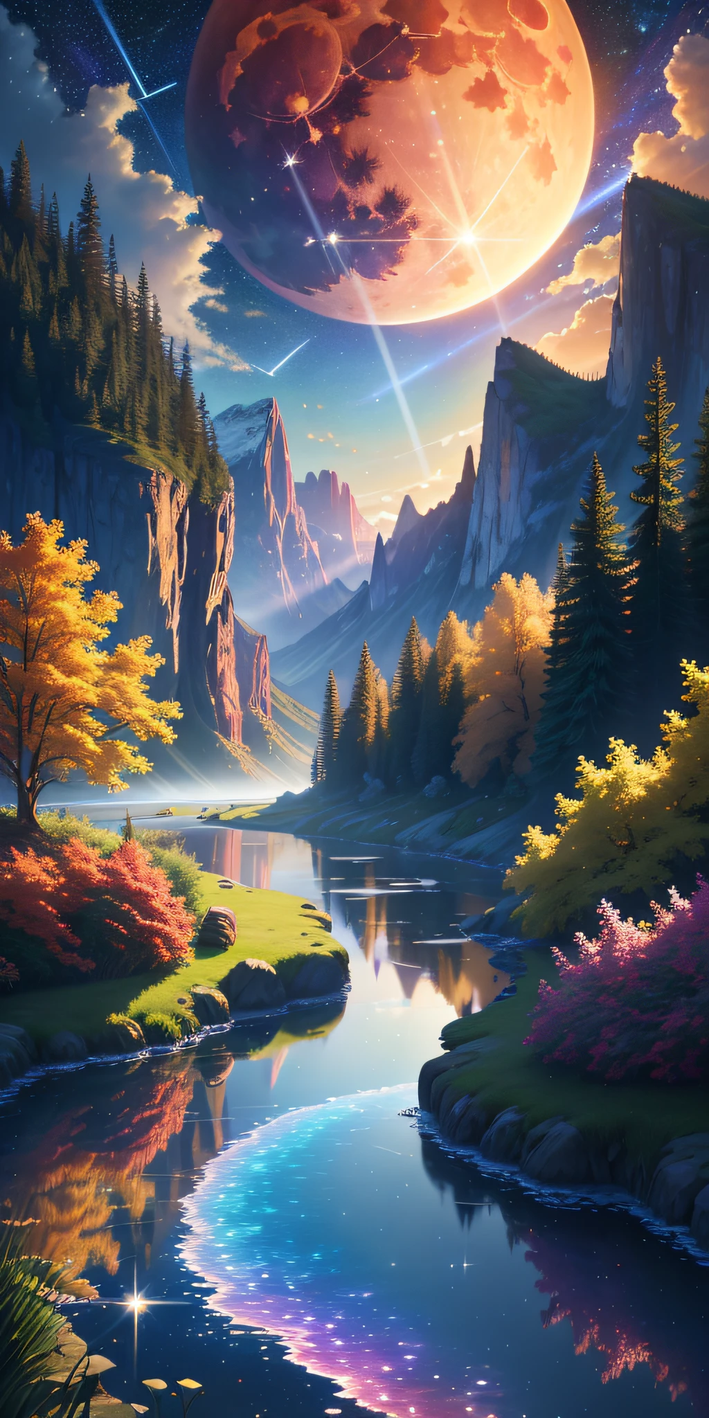 Masterpiece, 8k wallpapers, extremely detailed, best quality, high quality, landscapes. ((Colorful sky)), clouds, (((Full moon, nebula and background stars))), (high mountains), Panorama, , Detail enhancement, Detail enhancement, Flawless. Award-winning photography, Depth of field, HDR, Photorealism, Highly detailed, Intricate, High detail, Dramatic, ((color image)), ((single image)), night, realistic, ((vivid colors)), ((light rays, rays)), mini river, image reflecting in water,