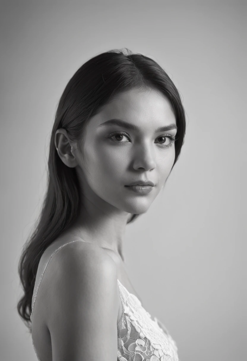 Striking black and white composition,Featuring calm models in a studio setting. The model stands confidently, The backlight outlines them by a soft glow. The interplay of light and shadow creates an inviting atmosphere, Dramatic contrasts that highlight the contours of the model are projected. The background is a subtle blend of dark tones and faint outlines, Enhance the mysterious atmosphere.