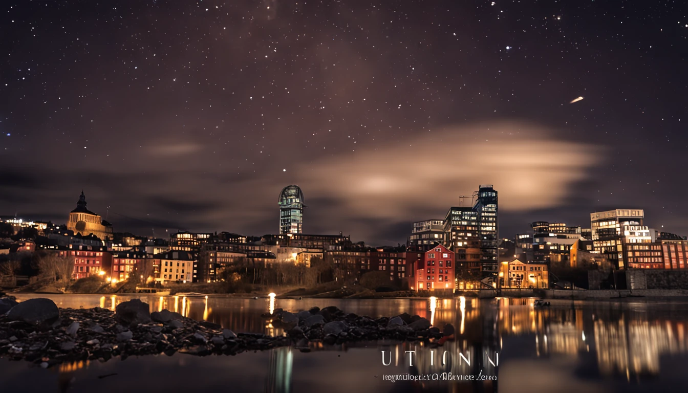 ((cidade de Estocolmo)) Sweden, cinematic lighthing, ((noite com luar e estrelas)), lua cheia, cores low key, melhor qualidade, Ultra Resolution, hiper realismo, ultra wide view, nitidez