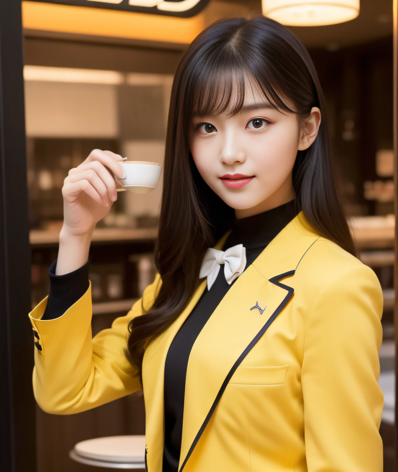 ((Best Quality, 8K, Masterpiece: 1.3)), a beauti, In addition, melon face, Friendly and cute, sweet smile, Pure desire, Slender body, (s whole body), (tilted head), ((looking at camera)), Medium Black Silky Straight Hair, Long flowing shoulders, round black big eyes, clear big eyes, moist red lips, Cafe shop background, ((full body shooting)), (Goldenrod Blazer, bows, Sock, High School Uniform: 1.2, ), (Middle breast), (a bun)