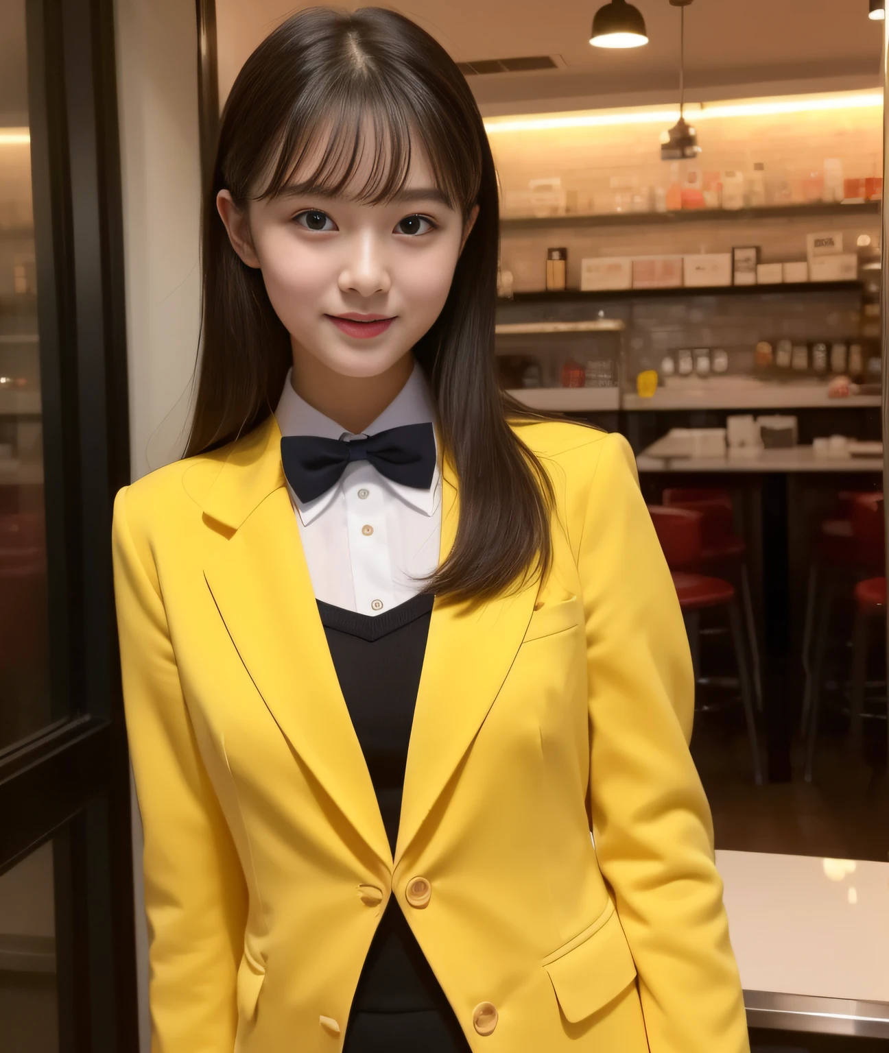 ((Best Quality, 8K, Masterpiece: 1.3)), a beauti, In addition, melon face, Friendly and cute, sweet smile, Pure desire, Slender body, (s whole body), (tilted head), ((looking at camera)), Medium Black Silky Straight Hair, Long flowing shoulders, round black big eyes, clear big eyes, moist red lips, Cafe shop background, ((full body shooting)), (Yellow Blazer, bows, Sock, High School Uniform: 1.2, ), (Middle breast)