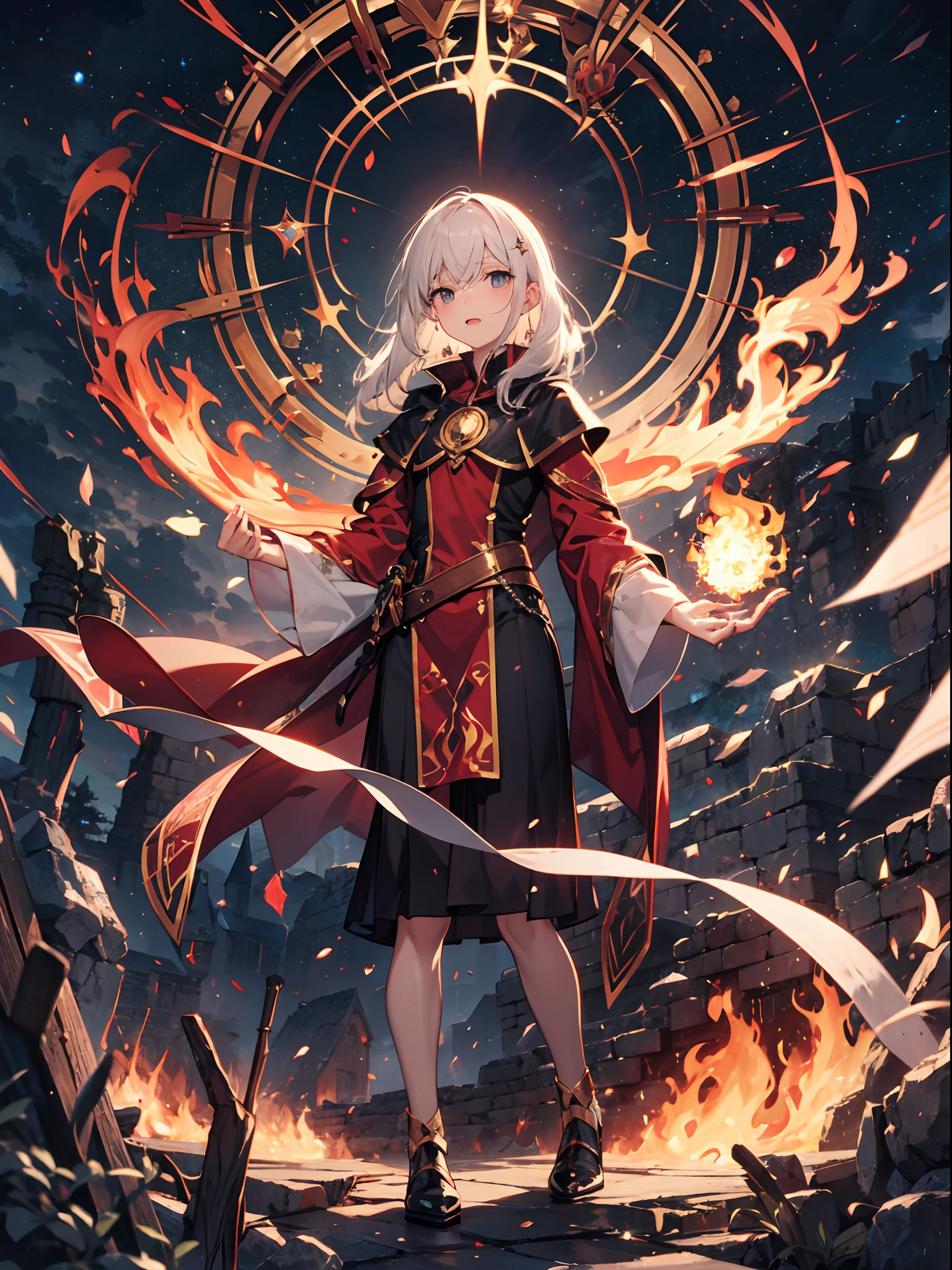 flame magic,Red magic,magical staff,borgar,ashes,Big Bang,spark of light,fires,Flames came out of the hands,Fire effects,fiery red,sorceress woman,The Witch,Kizi,Solo,long whitr hair,Open-mouthed,actionpose,Dexterous posture,Dynamic hair,tmasterpiece,high qulity,depth of fields,Storytelling images,