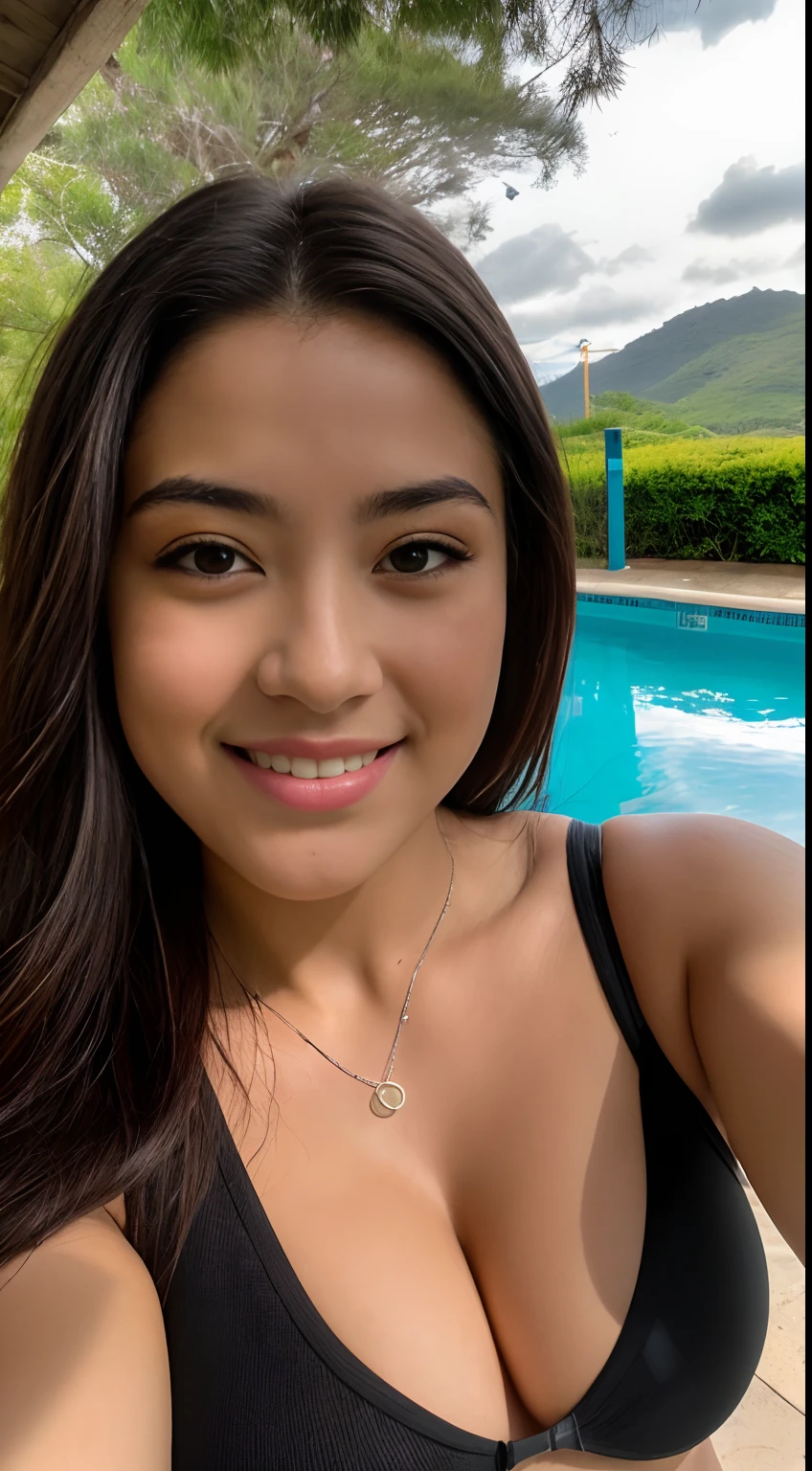 Foto RAW em sequencia, uma foto de uma adolescente 16anos, ((selfie da parte superior do corpo, feliz)), (dedo indicador na boca), ((corpo molhado)), molhada, piscina, rosto detalhado, planos de fundo detalhados pouco desfocados, luzes naturais, HDR, foto realista, foto profissional, flerte com o espectador, visual sexy, fotorrealista, Linda, pele natural, 8k UHD, alta qualidade, filmic grain, Fujifilm XT3