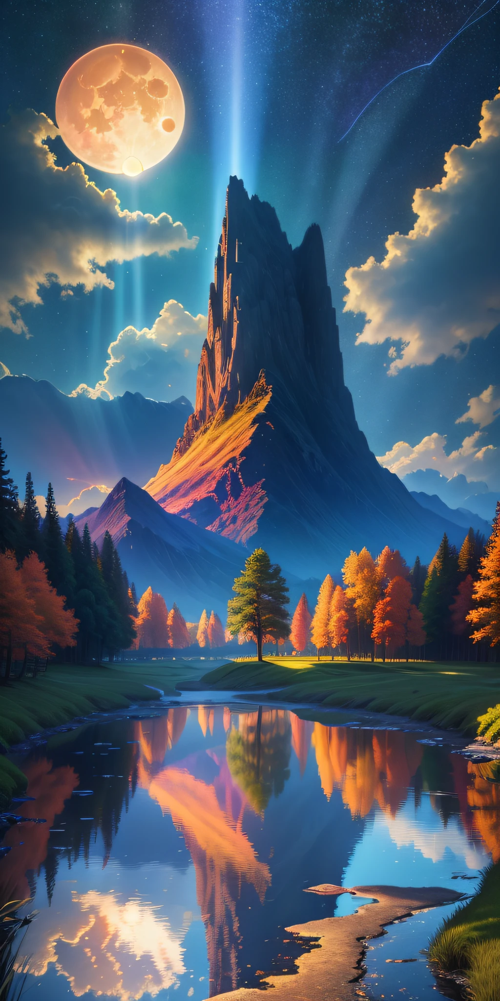 Masterpiece, 8k wallpapers, extremely detailed, best quality, high quality, landscapes. ((Colorful sky)), clouds, (((Full moon, nebula and background stars))), (high mountains), Panorama, , Detail enhancement, Detail enhancement, Flawless. Award-winning photography, Depth of field, HDR, Photorealism, Highly detailed, Intricate, High detail, Dramatic, ((color image)), ((single image)), night, realistic, ((vivid colors)), ((light rays, rays)), mini river, image reflecting in water,