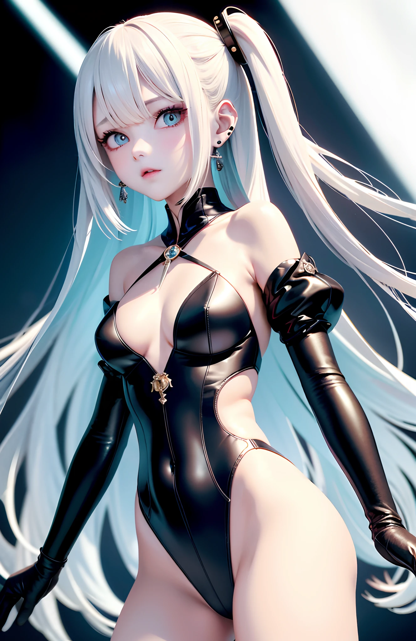 optimum,tmasterpiece,A high resolution,best qualtiy,hyper HD,super detailing,Award-Awarded,16k,独奏,(The upper part of the body),anatomy correct,Beautiful cyberpunk girl,cute face,,Gradient Beige Hair,Hairline,((Scarlet eyes)),long eyelasher,Hanging eye corners,White skin of the,(small boobs),(Slim body),((Small shoulder super short shawl coat)),((tutu)),ear studs,(neck rings),(Laser material clothing:1.2)