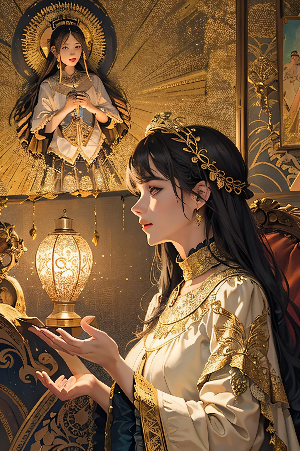 (masterpiece, top quality, best quality, official art, beautiful and aesthetic:1.2), (1girl), extreme detailed,colorful,highest detailed, official art, unity 8k wallpaper, ultra detailed, beautiful and aesthetic, beautiful, masterpiece, best quality, (zentangle, mandala, tangle, entangle) ,holy light,gold foil,gold leaf art,glitter drawing, PerfectNwsjMajic
