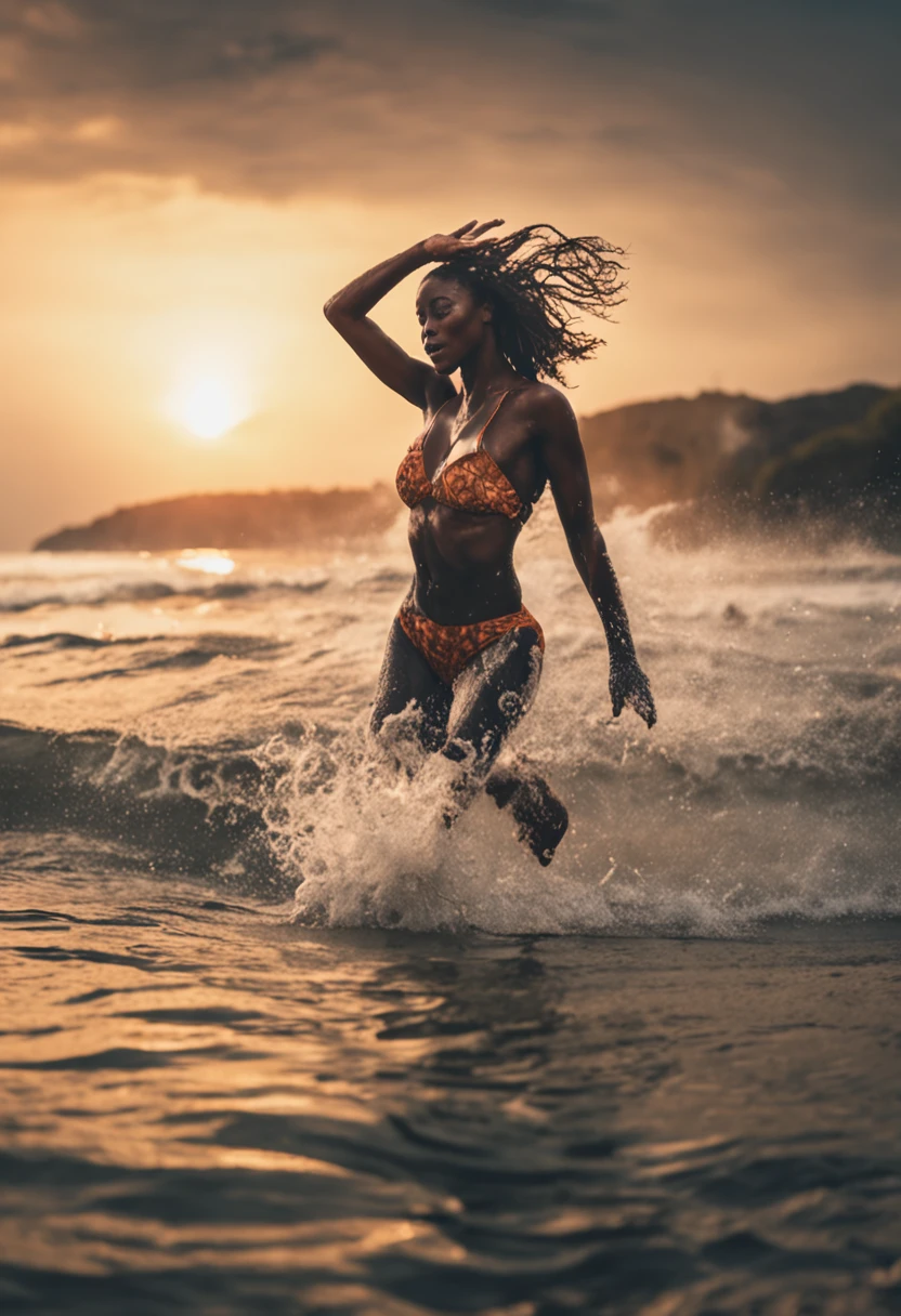 Highest quality, beautiful woman playing in the summer sea, Instagram post style, highest quality, 8K, smile, splashes,clothes lift, black skin,strong light coming in, navel piercing