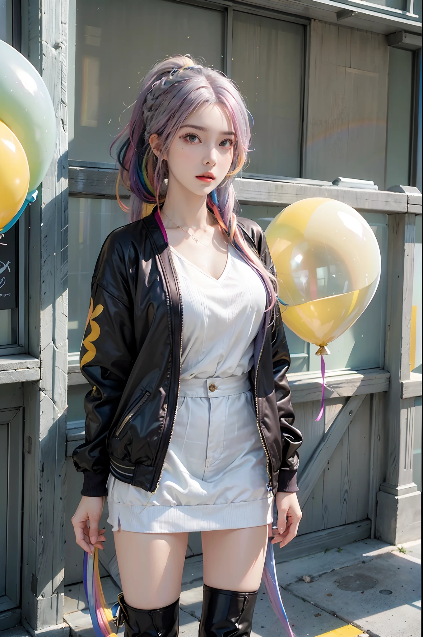 masterpiece, best quality, 1 girl, pretty and cute, (rainbow color Highlight Hair,colorful hair:1.4), wearing blue and purple sunglasses, yellow jacket with white pattern, white sweater, many colored balloons, doll face, ponytail braid, perfect detail eyes, delicate face, perfect cg, HD quality, colored balloons, sky ,black boots