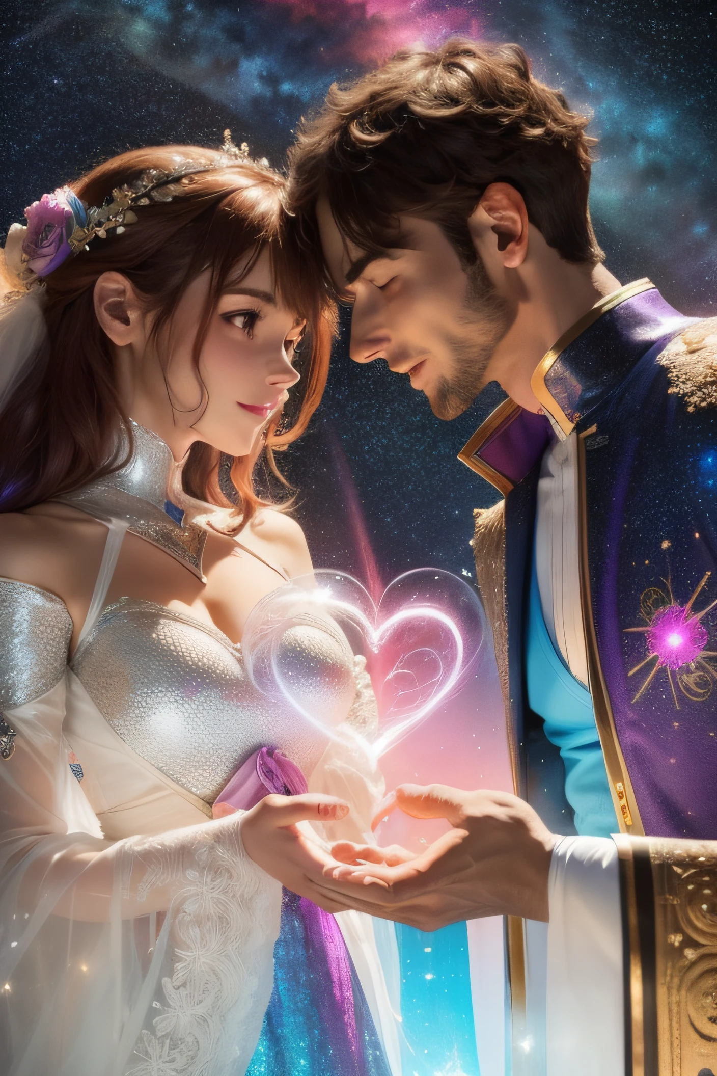 "Por favor, Create an image that encapsulates the fusion between human love and the supernatural realm, with projections of the heart extending across the universe. The scene should depict a man in love and a woman's spirit in love, sharing an intense and transcendental connection.

Visualize a scenario where reality and spirituality intertwine. No centro da imagem, A man with a passionate look finds himself holding hands with a feminine spirit. She's ethereal, with a soft and translucent glow, evoking a supernatural presence.

From the heart of man, radiates a luminous and sparkling heart, estendendo-se para envolver ambos. The projections of the heart create a radiant aura that connects the couple in love to the celestial and cosmic realm.

The projections of the heart also turn into trails of light that run through starry space. Some projections take the form of flowers and leaves, enquanto outras ascendem como raios de luz, Connecting to the stars and constellations, symbolizing the union between the human and the divine.

A paleta de cores deve incluir tons suaves de azul, roxo e dourado, criando uma atmosfera de romance e misticismo. The soft light emanating from the projections and aura gives the image a sense of wonder and enchantment.

The resulting image should capture the deep connection between man and the feminine spirit, with the heart as a link between the earthly and the spiritual, as they venture into the supernatural and cosmic realm."