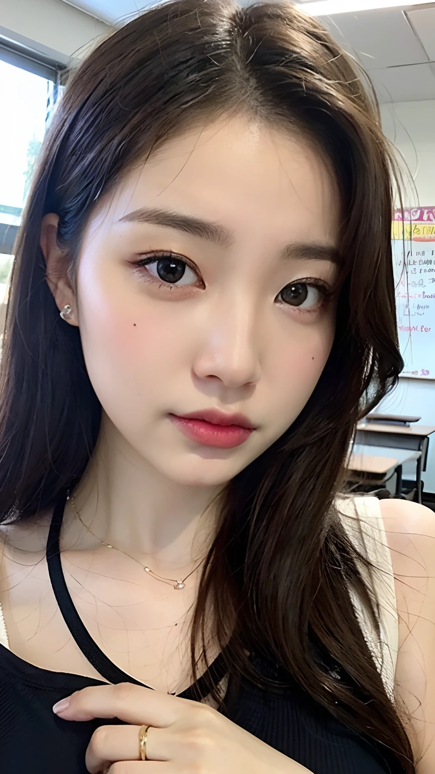 (8k, RAW photos, top quality, masterpiece: 1.2), ultra detailed, super resolution, (real, real photos: 1.37), portraits, high definition RAW color photos, professional photos, very detailed and beautiful, highly detailed, 8k wallpapers, amazing details, huge file size, official art, highly detailed CG Unity 8k wallpapers, highly detailed beautiful girls, highly detailed faces, very detailed eyes, very detailed skin, very detailed fingers, very detailed nose, very detailed detailed mouth, very beautiful face and eyes, ((full body)), tall beautiful woman relaxing in classroom wearing jersey, huge breasts, (loli: 1.23), JK, gym clothes, jersey, cute core, high school girl, korean girl, school, classroom, blackboard