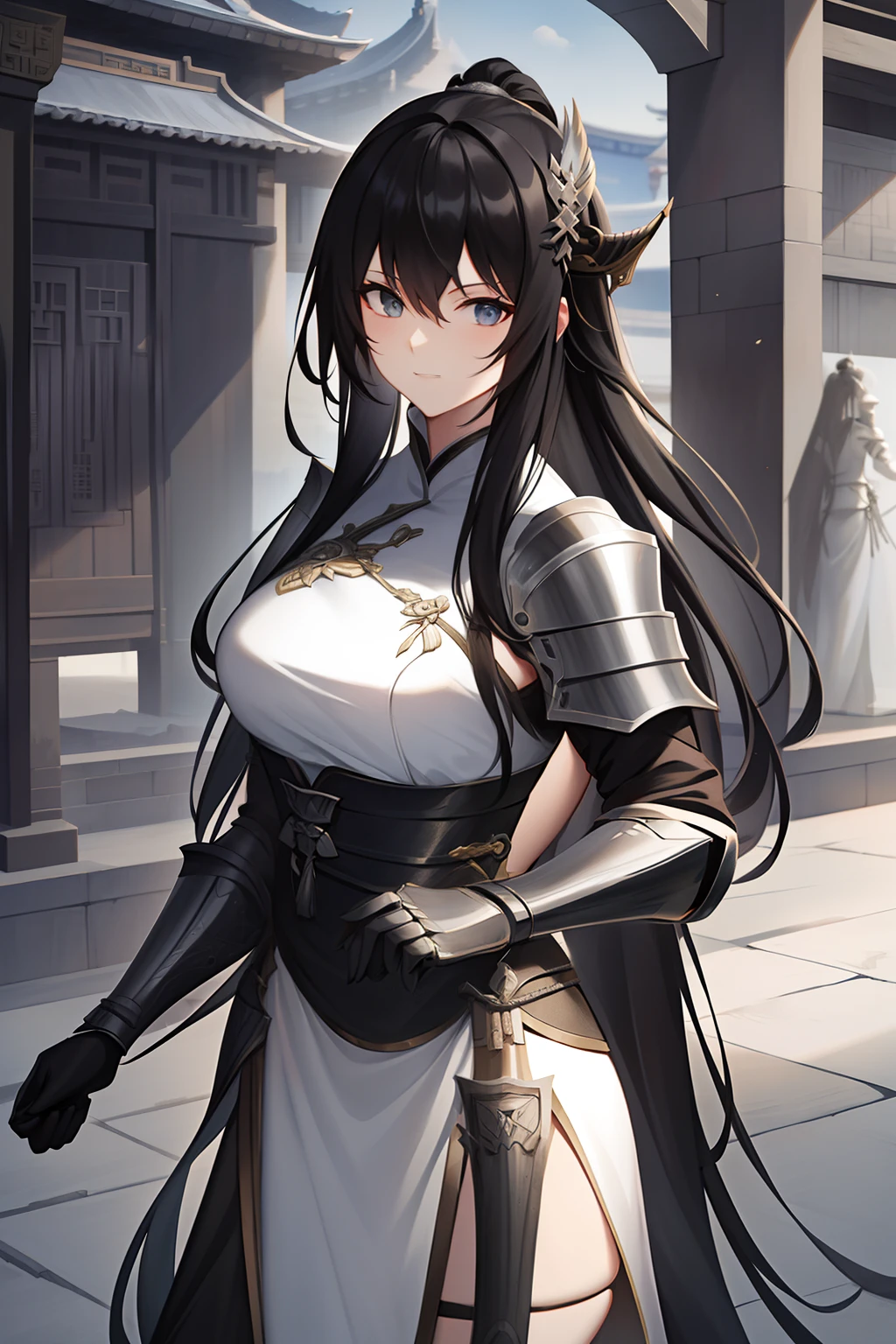 {high quality}, masterpiece, HD, grayscale, a knight warrior lady, ancient china, long hair, linen and leather armor, outdoors, architecture, village