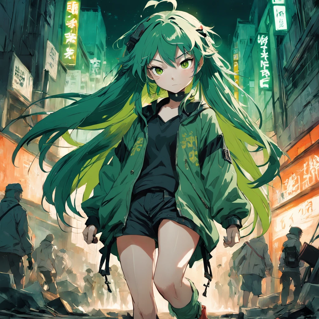 Cinematic Anime Illustration, Creative Design, Green Hair Anime Girl, Full Body Portrait, Character Design, Graffiti, by Ashley Wood and Jamie Hewlett --aspect 1280:1920